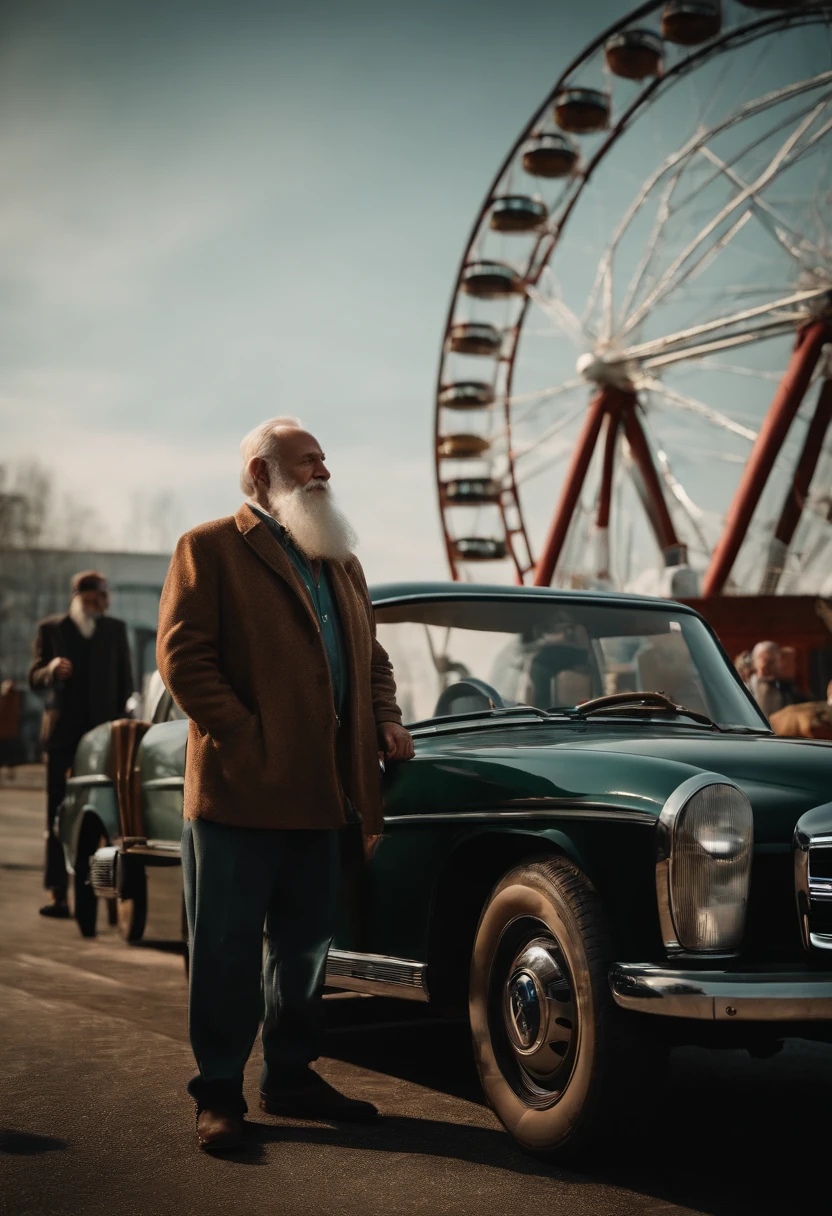 Old men with beards army with ferris wheel and Mercedes factory