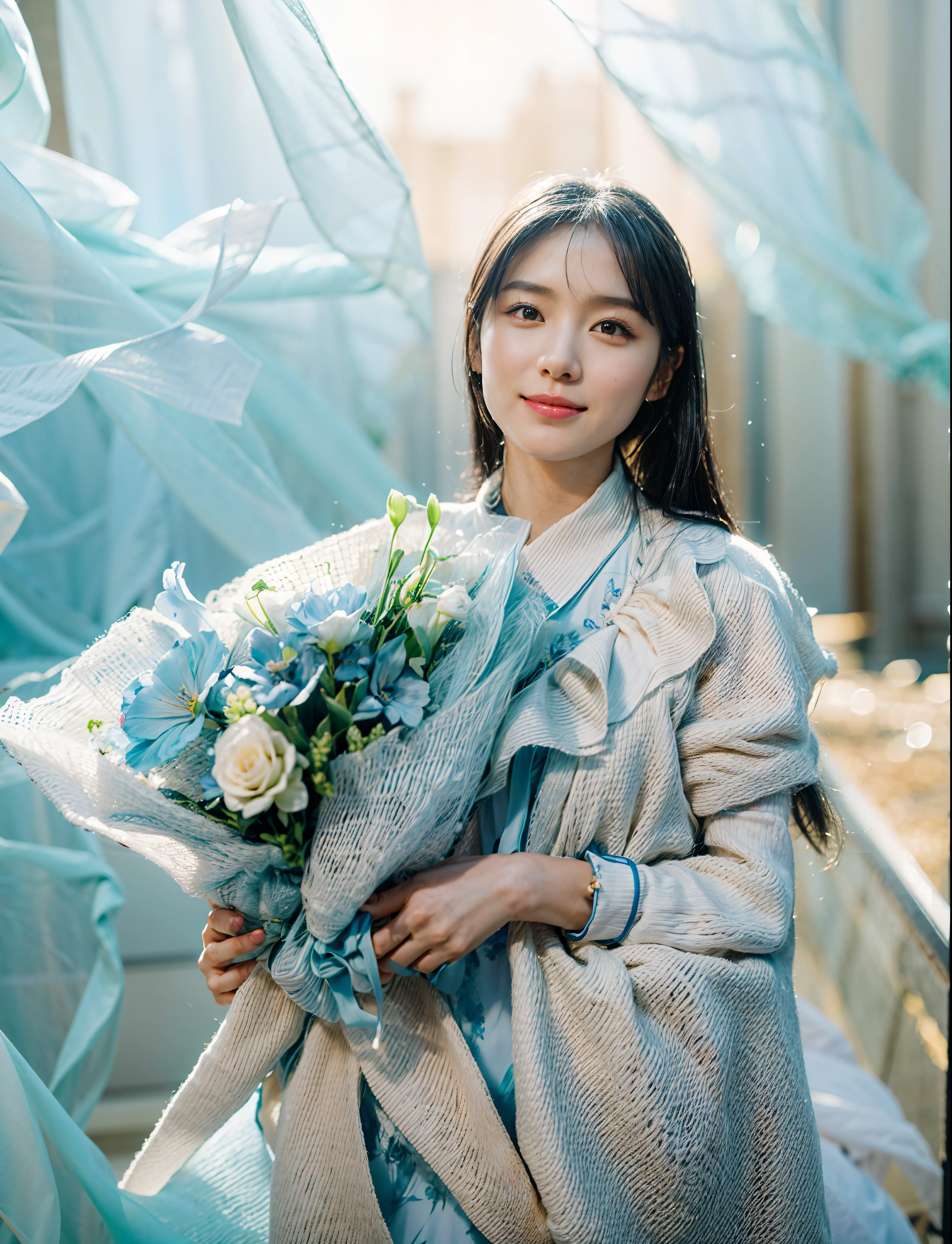 beuaty girl,Long black hair,Delicate and delicate face,light smile,Holding a very beautiful bouquet of light blue flowers,Beautiful clothes,Perfect hands,Solid color light gauze background,detail-rich,Movie lighting,contrast of light and shadow,rendering by octane,