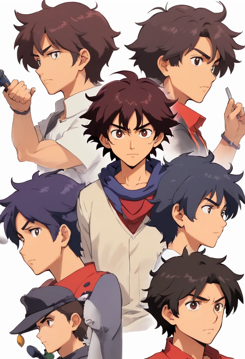 Um homem de 22 anos, cabelos pretos, cabelos curtos nas laterais mais longos na frente, Front view, fundo branco, anime, estilo cowboy bebop,Expression Sheet --Niji 5