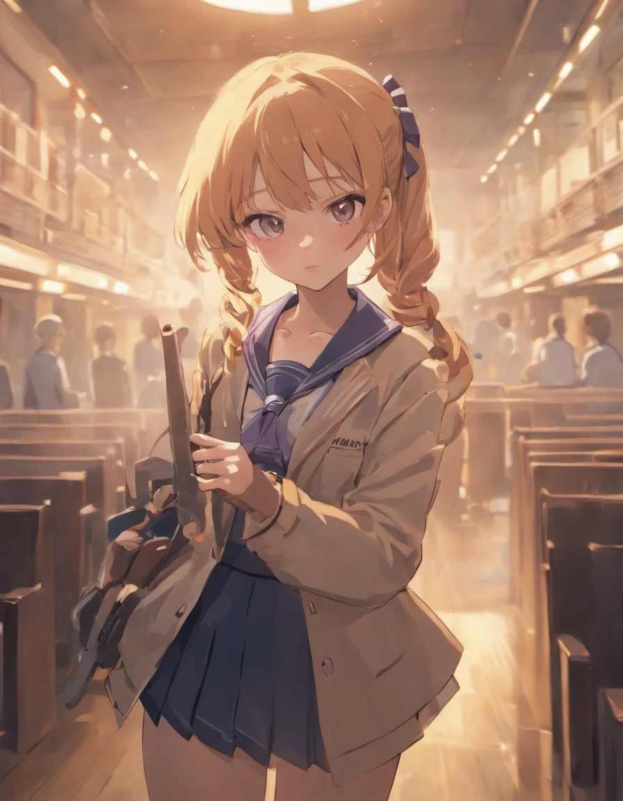 Digital painting of a anime girl in school uniform holding a gun, by hajime sorayama, clear focus, art by asaf hanuka, time lapse, cross hatch, full hd, scenes, photorealistic, dramatic anime girl, smoke, pixiv, trending in artstation, Ilya Kuvshinov