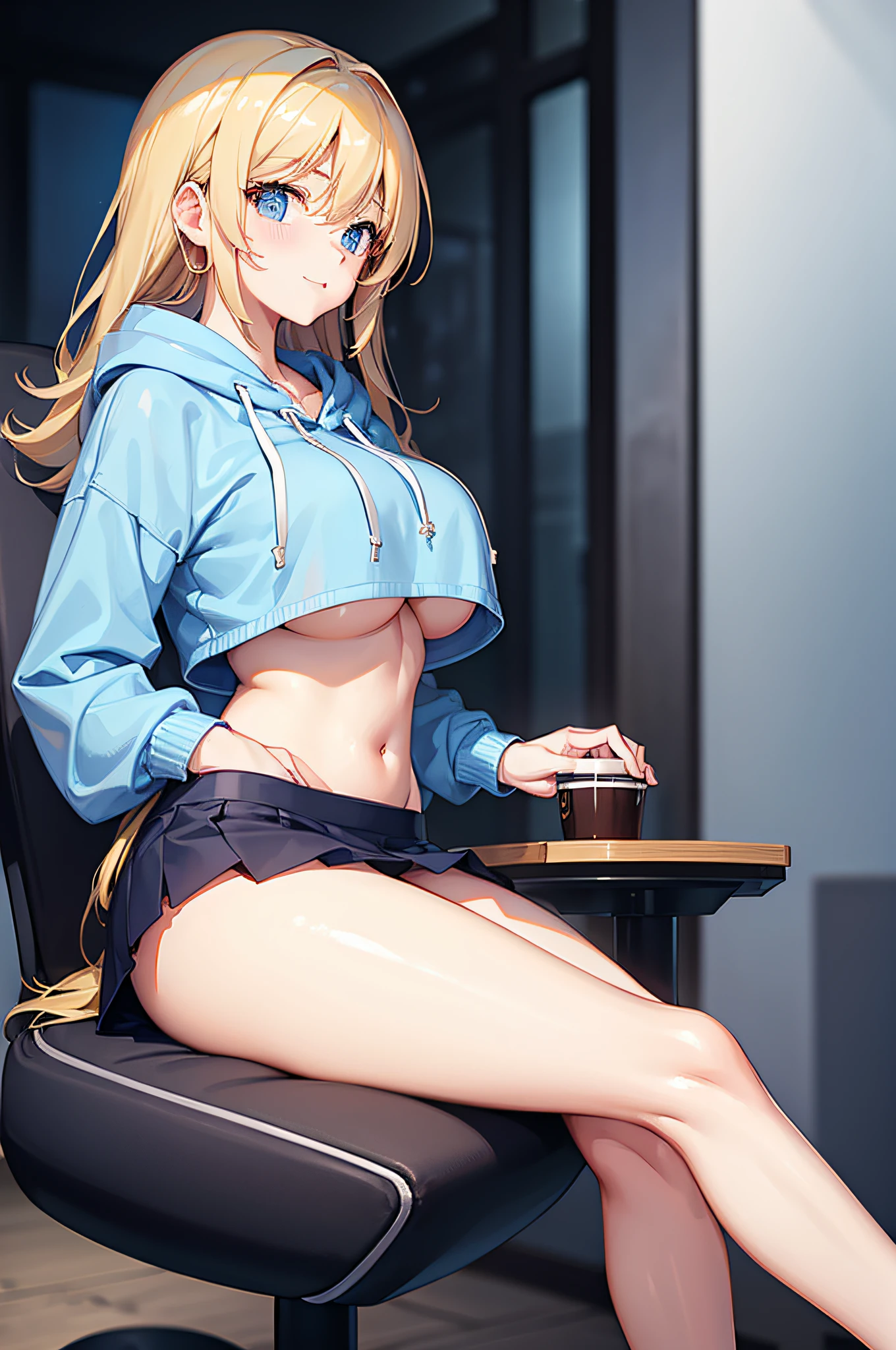 1 girl in、Cute Beautiful Girl、Young Face、((micromini skirt))、(cropped hoodie)、thighs thighs thighs thighs、(Colossal tits)、a blond、( student)、lightsmile、((Photo from the side))、Sitting on a chair、top-quality、photos realistic
