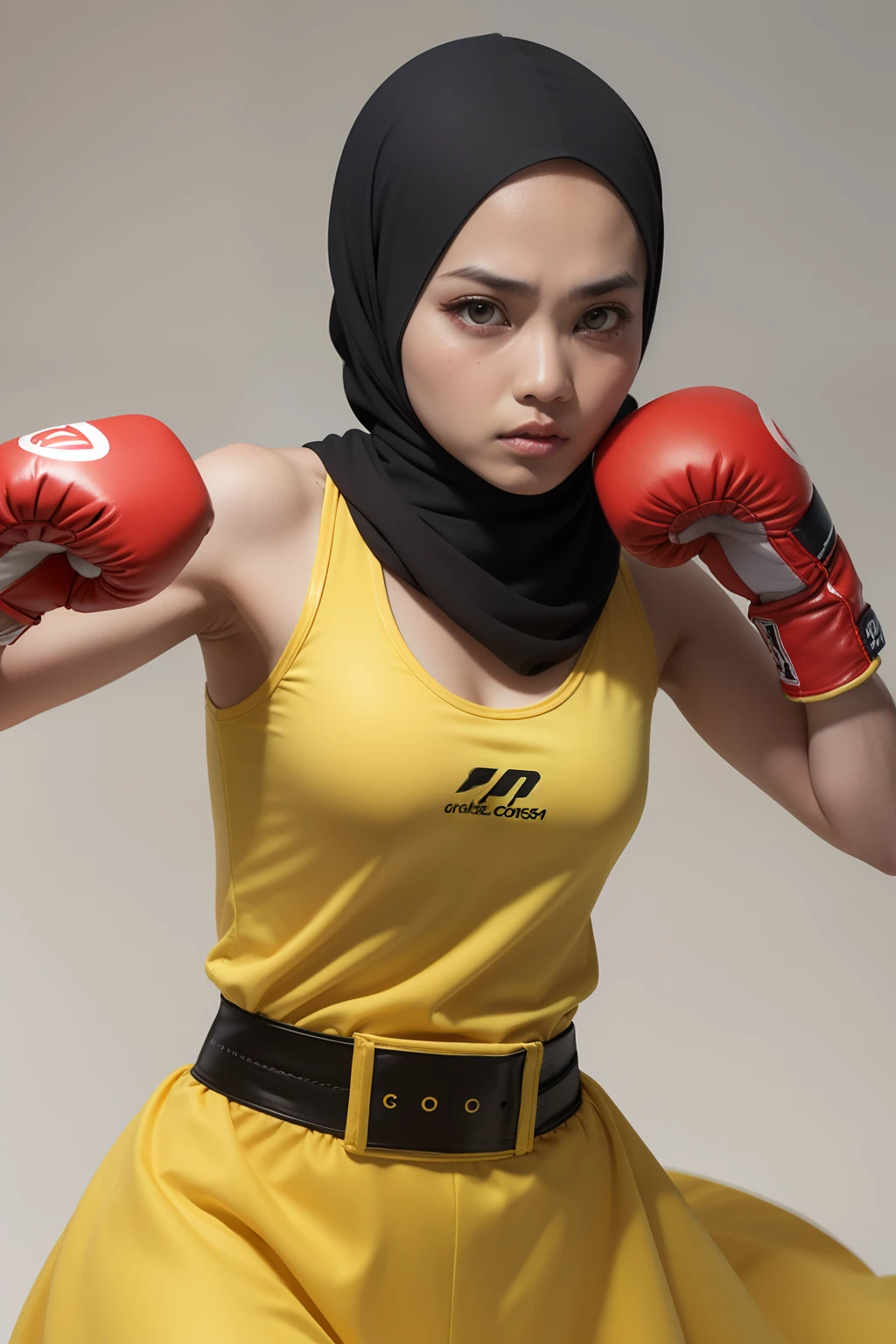 masterpiece, top quality, (realistic, photorealistic: 1.4), (RAW photo: 1.2), very elaborate CG Unity 8K wallpaper, very delicate and beautiful, wonderful, attention to detail, official art, absurdity, incredibly ridiculous, huge file size, very fine, very elaborate, beautiful eyes and face, beautiful elaborate eyes, light on the face, one girl, wearing hijab, Upper Body, PE uniform Short Sleeved navel-baring T-Shirt, Boxing Gloves, Bare Arms, Bangs, Boxing Gym, Boxing Ring, mira filzah face, malay, malaysian girl with hijab, ((mira filzah)),