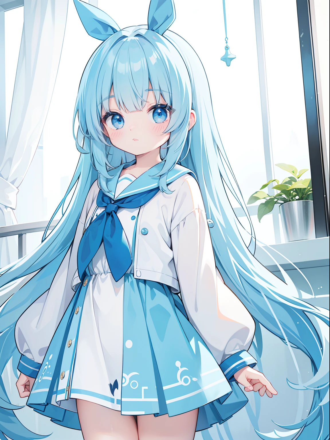 Extremely detailed CG unified 8K wallpaper, very fine 8KCG wallpaper, absurderes，Lori ，Best quality ，ultra - detailed ，Beautiful face  ，tmasterpiece、Head-to-waist display、A girl stands、top-quality(tmasterpiece), top-quality, 1girl in, lightblue hair、twosideup、Light blue sailor suit and light blue cardigan、Light blue ribbon、light blue  eyes、kawaii