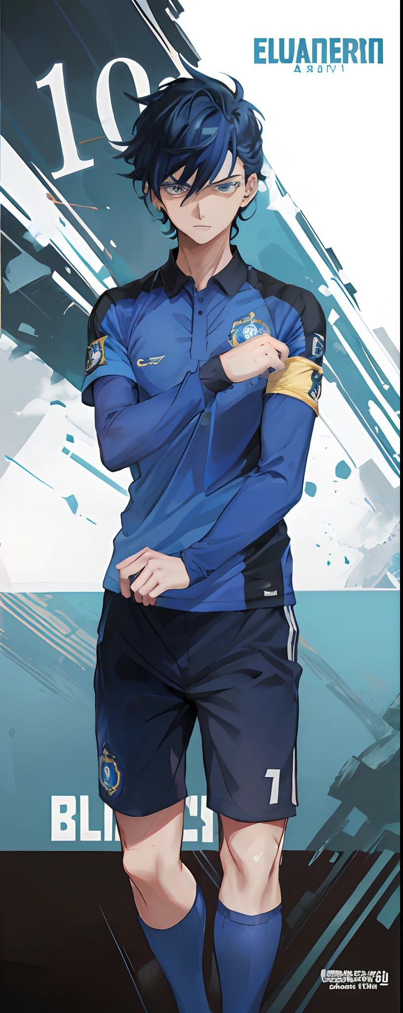 Anime - imagem de estilo de um homem em um uniforme azul com uma bola de futebol, Fanart oficial Behance HD, Kentaro Miura estilo de arte, fanart requintada altamente detalhada, kentaro miura manga art style, Digital anime illustration, Kentaro Miura Arte, uniforme azul, official fan art, fanart detalhado, fanart oficial, [ Arte digital 4K ]!!