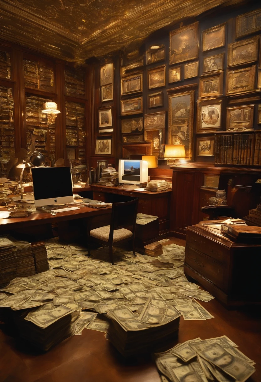 Paint a stylish office, um homem quebrando um computador com um machado. Too many dollar bills fallen to the ground. Scenery of chaos and dramatic lights