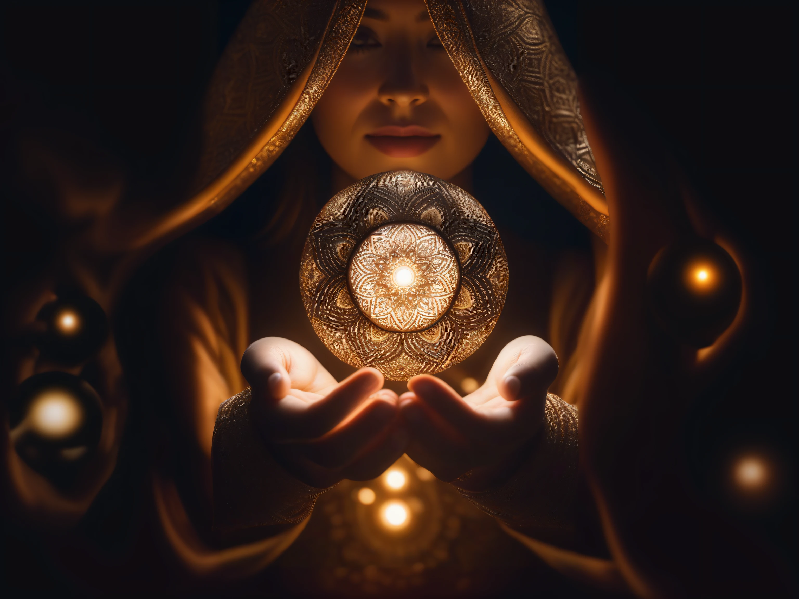 arafed woman holding a glowing object in her hands, a woman holding an orb, holding a glowing orb, holding a crystal ball, holding a shining orb of data, casting a protection spell, hands holding big glowing orbs, a shaman holding up the universe, holding a holy symbol, emitting psychic powers, wearing psychedelic wicca, huge magic circles on the hand