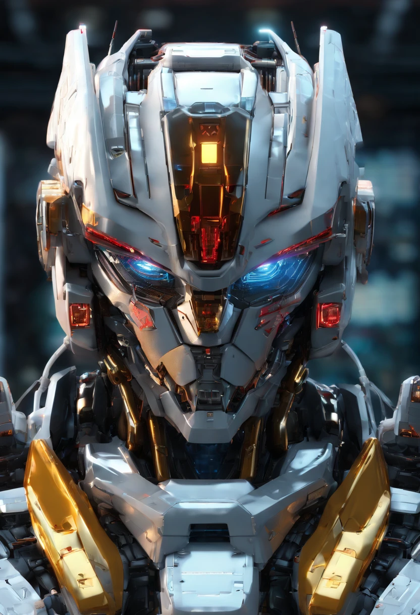 Gundam mecha , science fiction, front view, Sense of technology, C4D, Oc renderer, unreal engine, high detail, industrial design, 8k HD, studio light, retro, and a boy on his side, detailed face of a boy