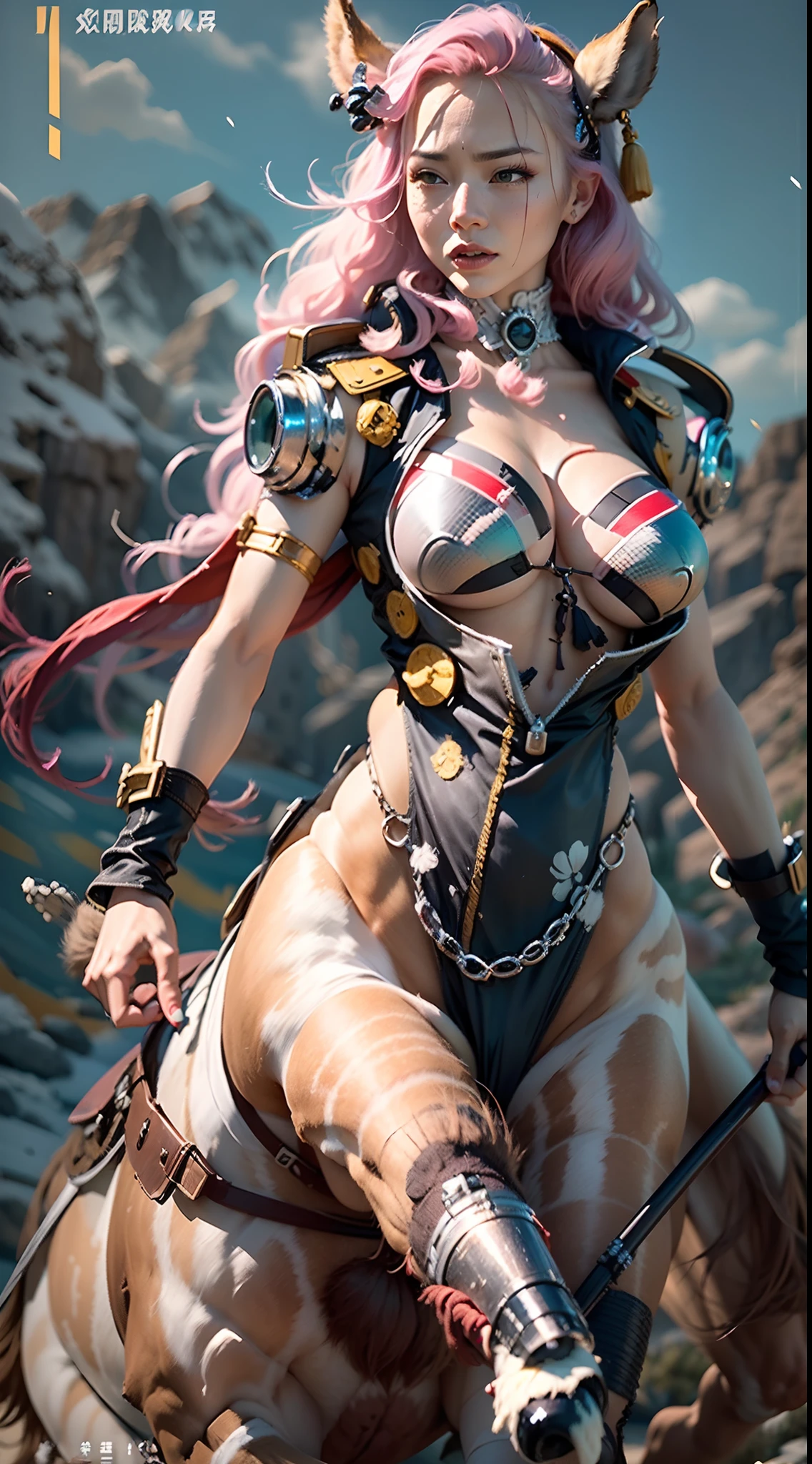 In a very grand scene，The extra-large wide-angle lens captures the appearance of a female centaur。She is tall，It has the ultimate curvy beauty，The muscles are slender and firm，Beautiful lines。Her facial features are tough and coquettish，Always with a sunny smile。She wears special tight-fitting equipment with a strong sense of technology，Step on multifunctional off-road style heels，Delicate and practical protective gear is worn on the hands, feet, wrists, neck and shoulders。The detection equipment around you flashes various cue lights and neon-like information screens，Let her exude a charming brilliance。Use Midjourney's advanced tools，Design special tight-fitting equipment for female centaurs，Highlight her unique physiological characteristics and appearance details，Add realism。And in her adventure scene，Spectacular views of nature，Such as the sky where storms and sunny days alternate、Brilliant rivers of stars and auroras、The snow-capped summit of Mount Everest、Fireworks in the mountain town, etc。ao mesmo tempo，Away from the hustle and bustle of Long Beach Pier is a neon-lit spaceship docked，Create a fantastic scene。Use Midjourney's advanced tools and multiple color palettes、Brush Strokes、Texture tools and model packages，It shows a sense of atmosphere where beauty and charm coexist。The charm of the female centaur is highlighted through color and lines，Enhance realism with detailing，Create a surreal dreamy feeling。Additionally，Use Midjourney's tools to add a variety of extreme sports gear and cultural trinkets to the female centaur，Create intricate hairstyles and outfits，Give her a sense of premium。She never flinches，Regardless of the terrain，can respond quickly，Even the extreme geography and dangerous terrain of aliens cannot stop her。Use Midjourney's powerful tools，You can do it with incredible detail and beauty，Bring this ultra-grand and beautiful scene to life。Ultra-grand scenes，super wide shot， hdr，（真实感，Masterpiece quality，best qualtiy），