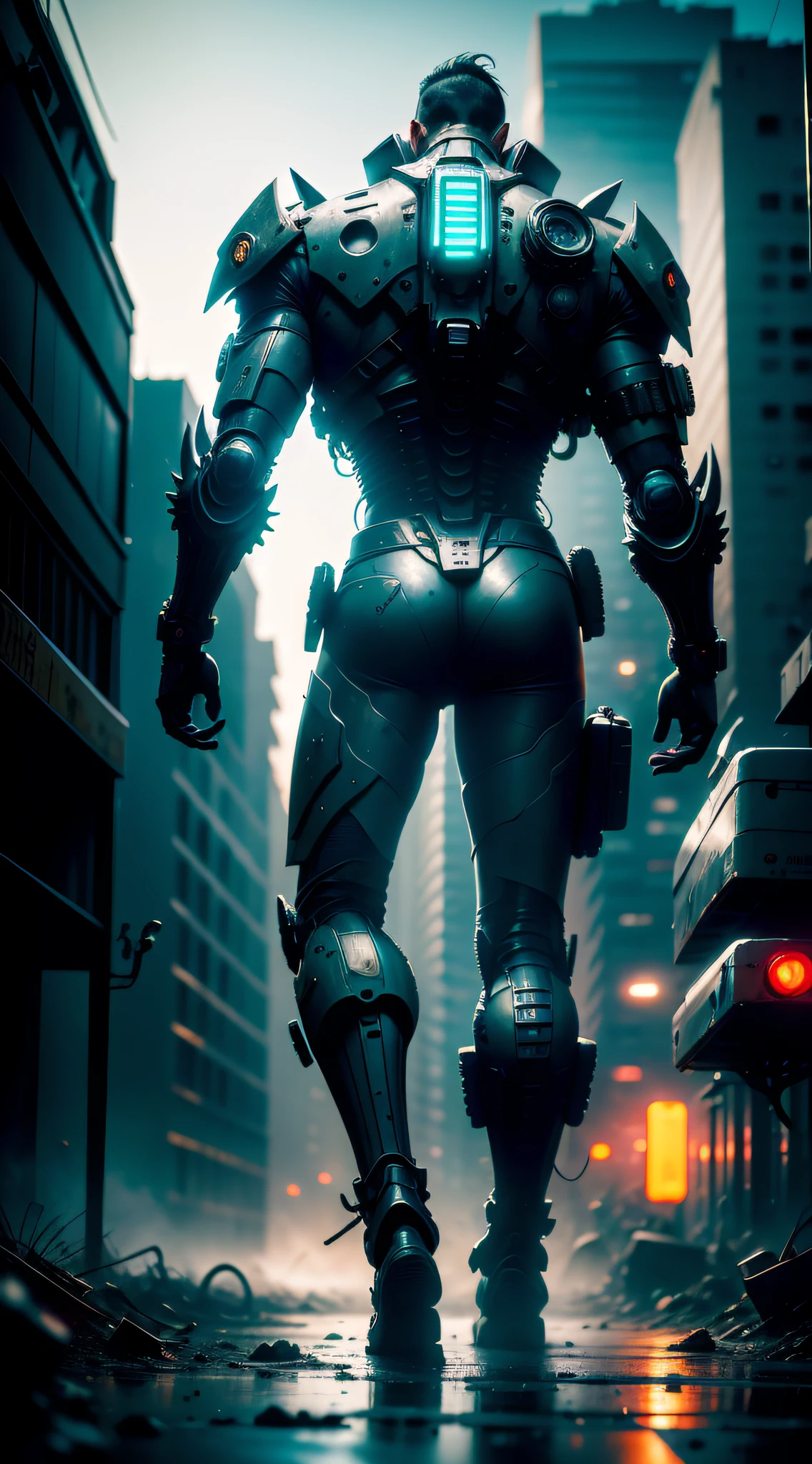 ((Full camera framing)), (((wasteland))), (Calles rotas), (((A man standing with his back to the camera, He wears a biomechanical suit and with a katana in his hand))), ((katana en la mano)), ((dynamic pose)), ((Pose action about to attack)), ((Leg flexion about to move forward)) barras de acero, (((air rail cars))), scattered power lines, electric sparks, tattered future vehicles, Vertederos, ((Agua estancada en la playa)), Rocas, ((Malezas densas)), (humo de polvo denso), ((ruined neon lights)), nubes espesas, ((Vista nocturna)), alta calidad, (super fine) , (Luz detallada), Detallado, preciso, 16K resolution, Obras maestras, (cinematic lighting), (Estilo cyberpunk), dynamic perspective