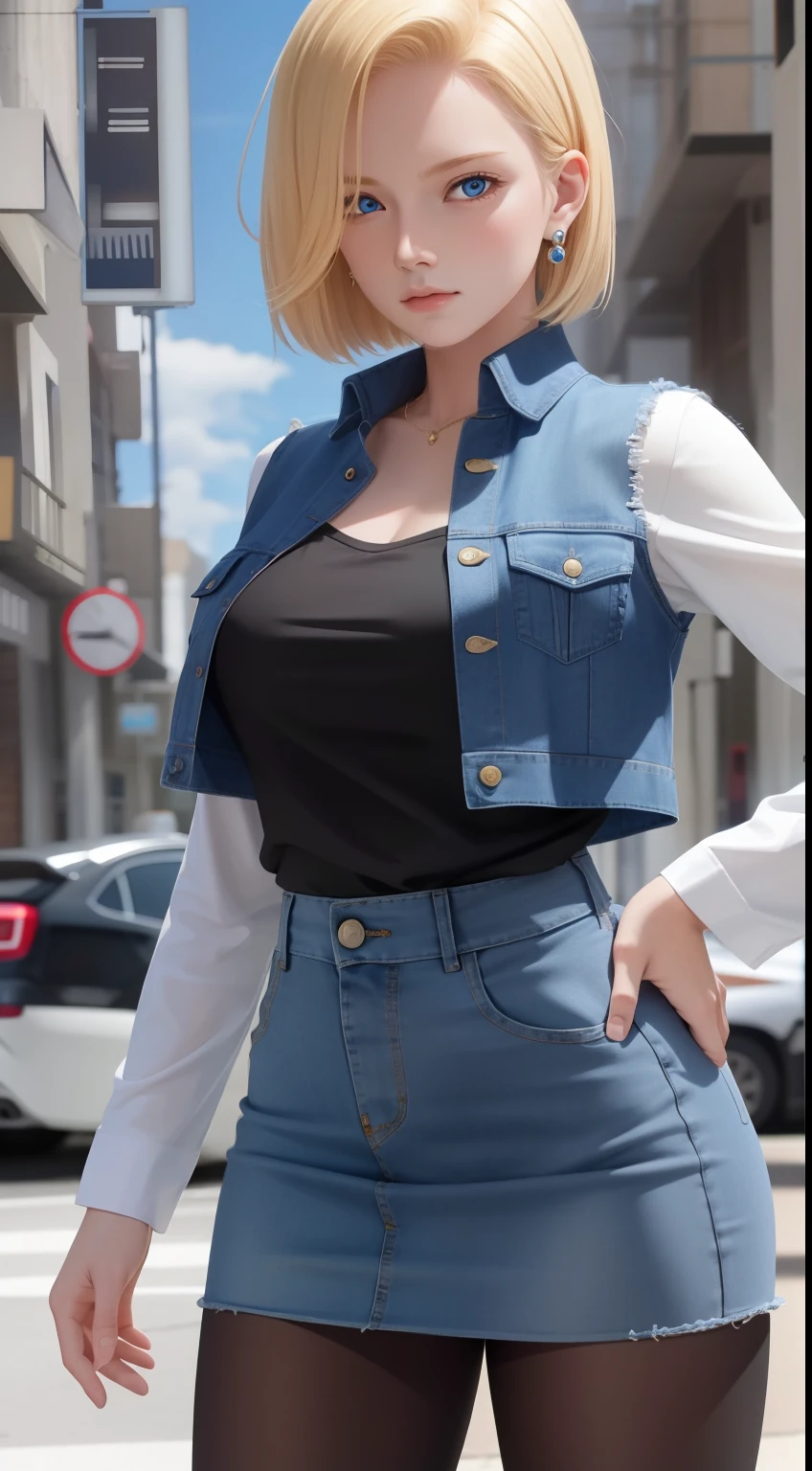 best quality, highres, and18, 1girl, android 18, solo, blonde hair, blue eyes, short hair, earrings, jewelry, denim vest, open vest, black pantyhose, black shirt, denim skirt, striped long sleeves, blue skirt, large breasts, cowboy shot, street,