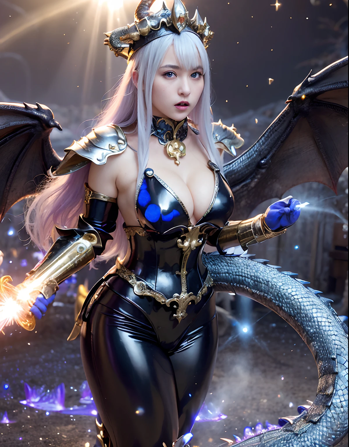 ((World of Darkness)),Professional , ​masterpiece、top-quality、photos realistic , depth of fields 、(((With a magic wand of gems))),（Dragon White Metal Body:1.9),(latexsilver-blue、（cleavage of the breast）（Fight dragons）、、(((Particles of light))),（Micro Bikini Armor:1.7),Gorgeous gold weapons ,（Fight dragons）、Seductive look、（blood splattere、（(((With a magic wand))), ） , (((Wearing a black latex wizard hat))),（demonic wings）   ,（（a blond））、（Castle background）、（（Gangle's forest background））、Beautiful Caucasian beauty、１a person、dynamic ungle,(((Detailed and ornate dragon wizard hat)))、Smaller head、A smile、Castle background、Thin and beautiful female hands、cleavage of the breast、Soldier in iron armor on background、Mystical expression、Light Effects、intense fighting、Wind-effect、magic circles、With the legendary magic wand、Dragon's tail、explosions、Toostock、Toostock、