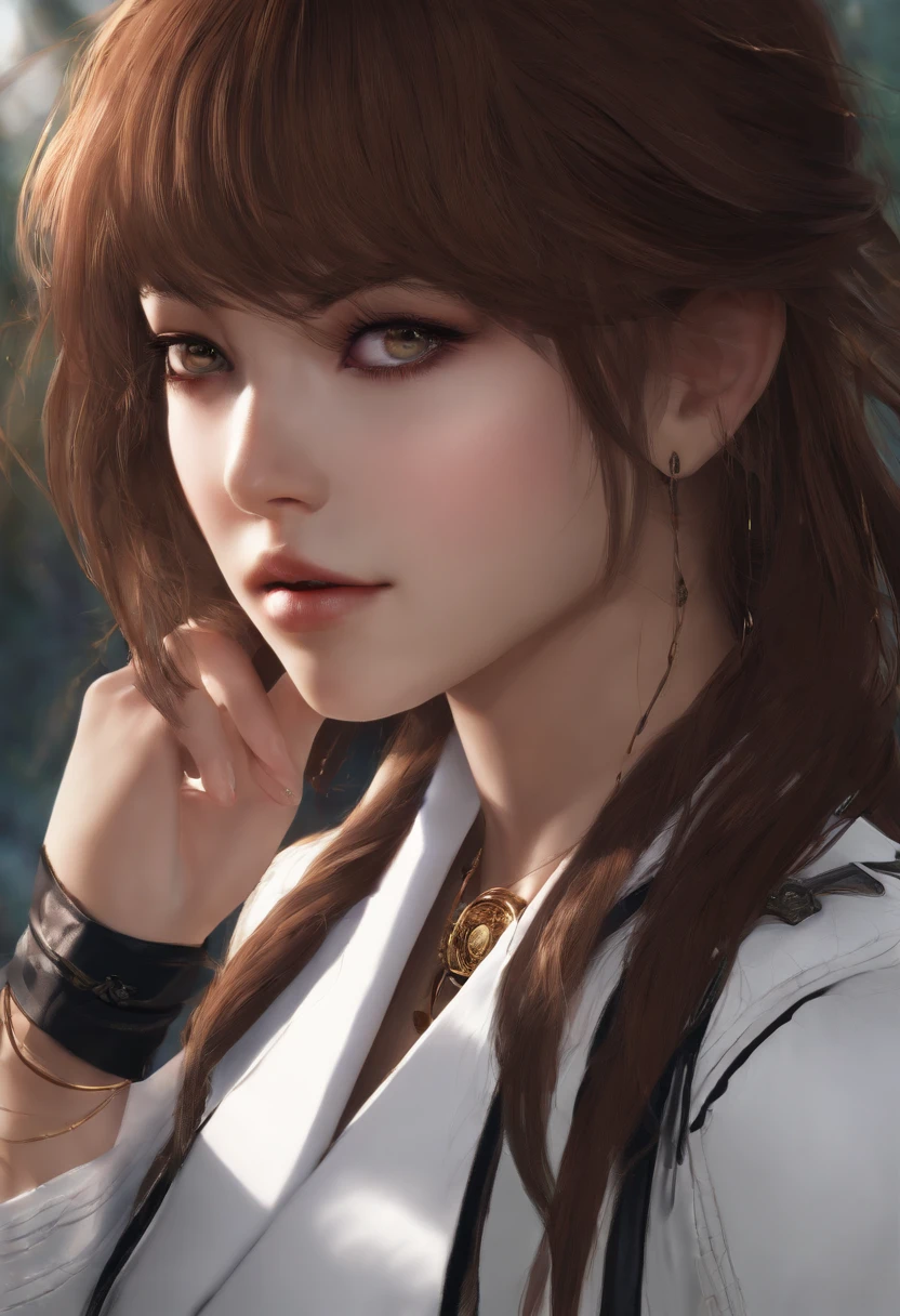 masutepiece, hight resolution, Screenshot, Best Quality, 1girl in, (scar on left eye), White cropped jacket, Highly detailed, thirds rule, Jewelry, Long hair, Bangs, hair between eye