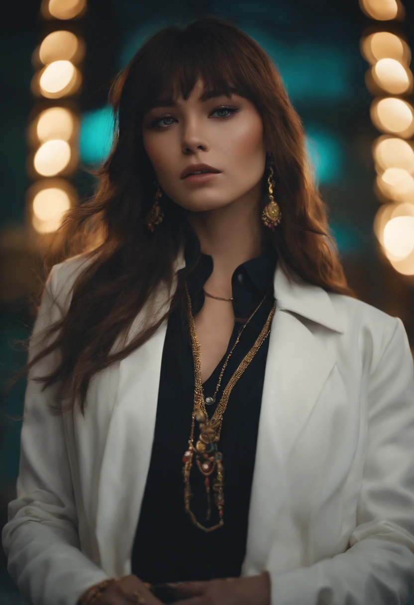 masutepiece, hight resolution, Screenshot, Best Quality, 1girl in, (scar on left eye), White cropped jacket, Highly detailed, thirds rule, Jewelry, Long hair, Bangs, hair between eye