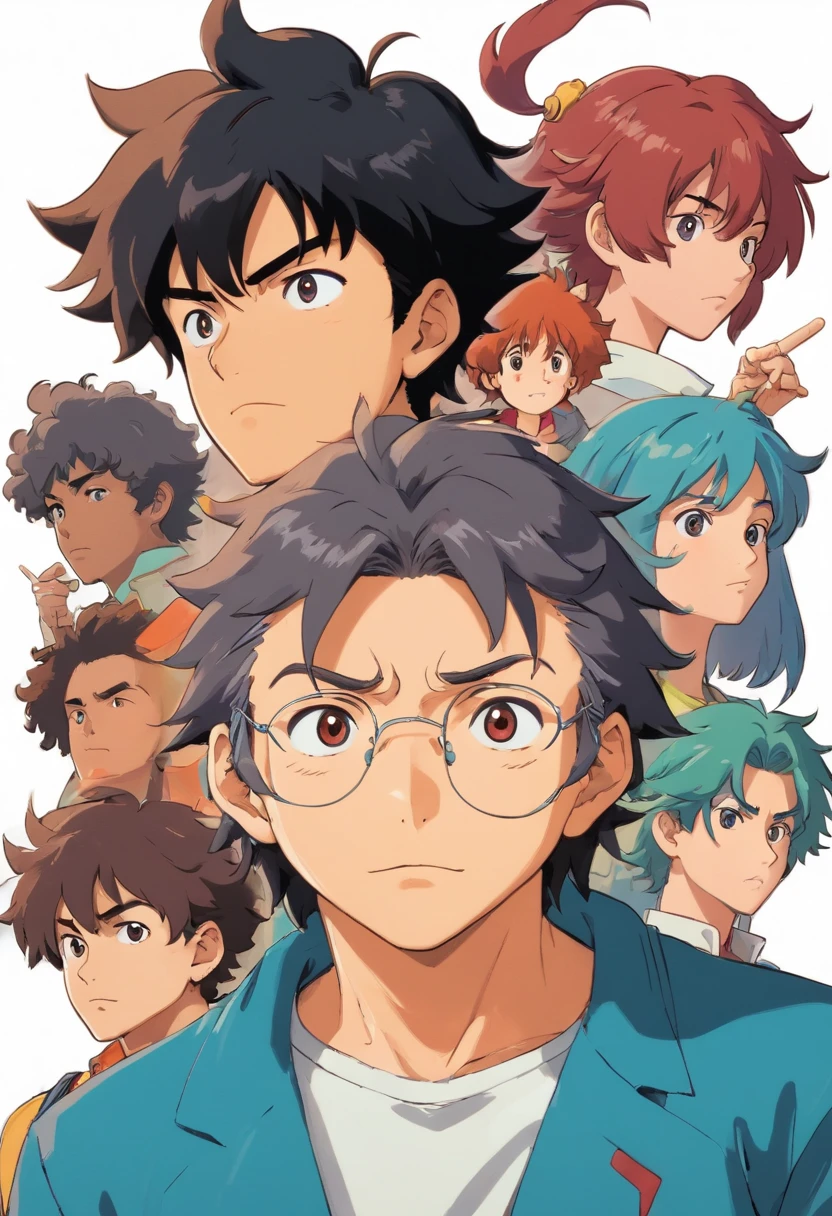 Um homem de 22 anos, cabelos pretos, cabelos curtos nas laterais mais longos na frente, Front view, fundo branco, anime, estilo cowboy bebop,expression sheet face