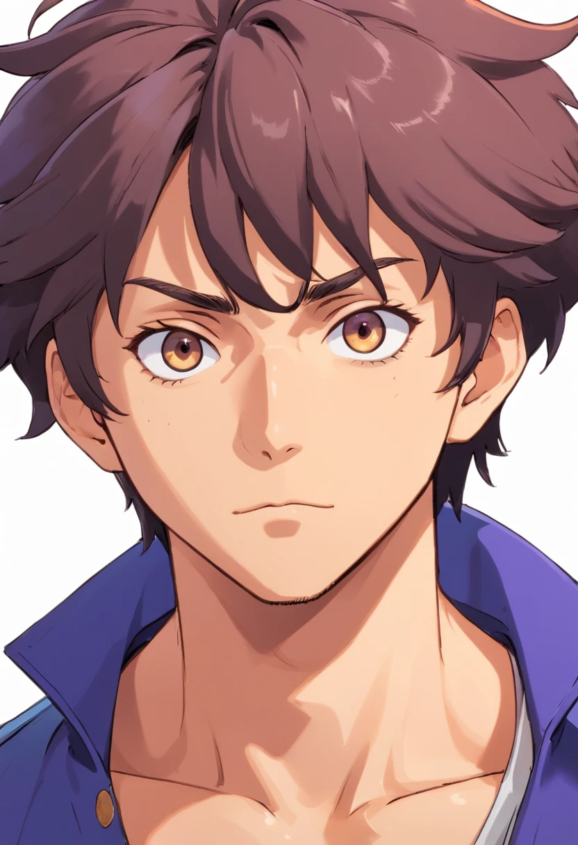 Um homem de 22 anos, cabelos pretos, cabelos curtos nas laterais mais longos na frente, Front view, fundo branco, anime, estilo cowboy bebop,expression sheet face