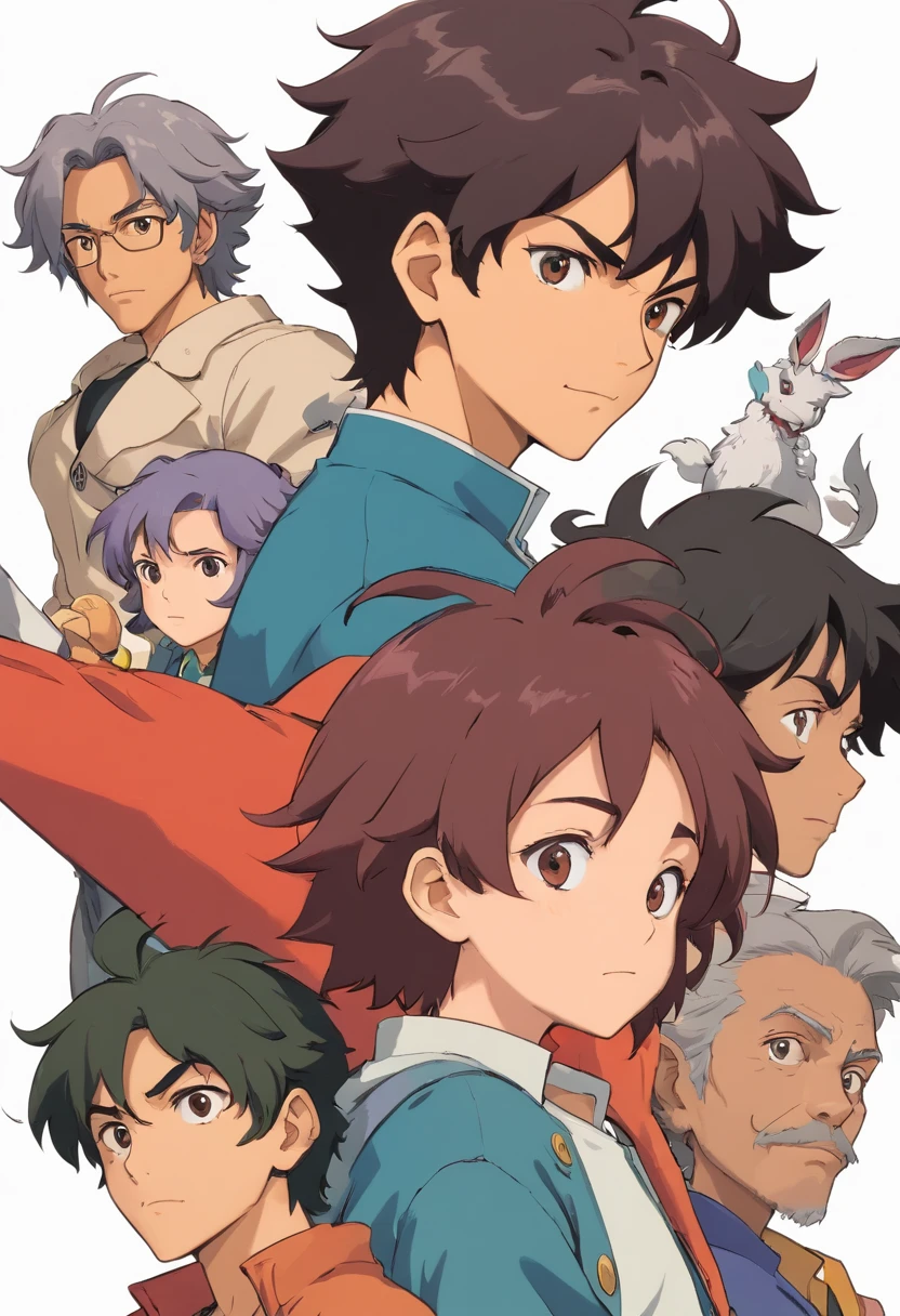 Um homem de 22 anos, cabelos pretos, cabelos curtos nas laterais mais longos na frente, Front view, fundo branco, anime, estilo cowboy bebop,expression sheet face