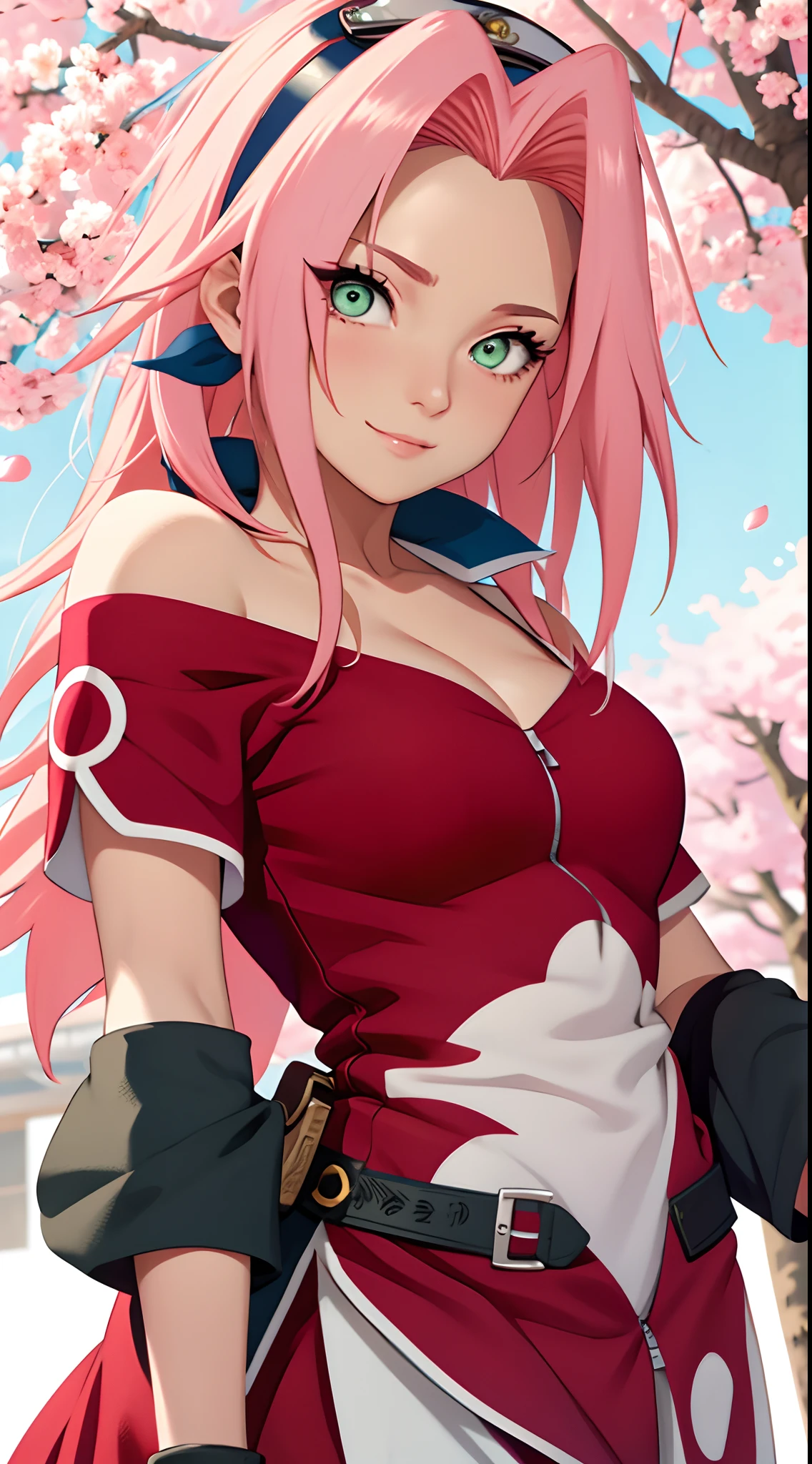 1girl, 1girl sakura full body, Sakura Haruno, Sakura Haruno naruto shippuden, haruno sakura, (anime: naruto). Sakura Haruno stands before you in all her resplendent glory, a vision of beauty and strength. Her eyes, a captivating shade of green, hold within them the wisdom of a seasoned warrior and the warmth of a caring heart. Cascading down her back like a waterfall of cherry blossoms, her luscious pink hair frames her delicate features, adding to her allure and grace.

In this portrayal, Sakura's feminine form is perfectly depicted, every curve and contour sculpted with precision and attention to detail. From the graceful arch of her slender neck to the gentle curve of her hips, every aspect of her physique exudes an air of confidence and poise. She stands tall and proud, a testament to her unwavering determination and inner strength.

Adorned in a fashionable ensemble befitting a kunoichi of her caliber, Sakura wears a stylish yet practical outfit that allows her to move with ease and agility. Her attire, a harmonious blend of form and function, reflects her unique sense of style and individuality. From the iconic pink of her attire to the subtle yet elegant design elements, every aspect of her outfit speaks to her identity as a warrior and a woman.

Presented in ultrasharp detail and captured in stunning 4k resolution, this depiction of Sakura Haruno is a true masterpiece of artistry and craftsmanship. Every brushstroke and line is meticulously rendered, bringing her to life in vivid detail. Whether she's engaged in battle or simply standing in quiet contemplation, Sakura's presence is unmistakable, commanding attention and respect wherever she goes. Truly, she is a sight to behold, a symbol of strength, beauty, and resilience in the world of Naruto.