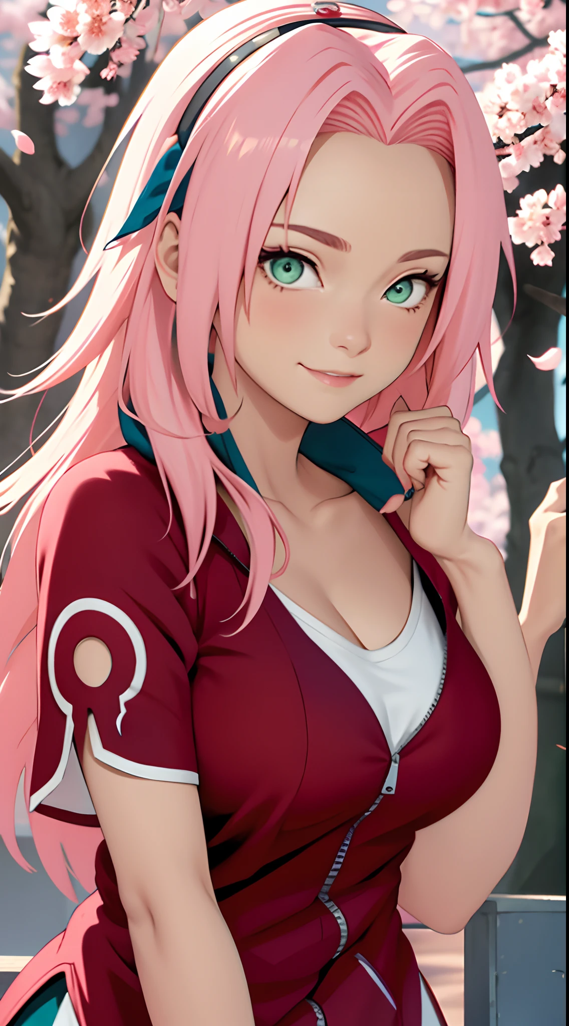 tmasterpiece， Best quality at best， 1girll， Sakura Haruno， Large breasts，Off-the-shoulder attire，（cleavage)，（upperbody closeup)，Raised sexy，is shy，ssmile，with pink hair， long whitr hair， （Green eyeballs:1.4)， Forehead protection， the cherry trees，Cherry blossoms flying，Red clothes，Zipper half