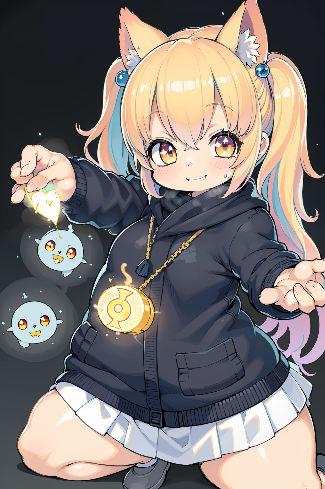 Colorful owl drawing isolated on black background,, Breathtaking rendering, within radiate connection, inspired by Kinuko Y. craft,, magic elements, Kitten icon, Wow, is beautiful, Multi-cast colorful spells, Bright flash, The Flash 、Small children,Cheeky face、Happy smile