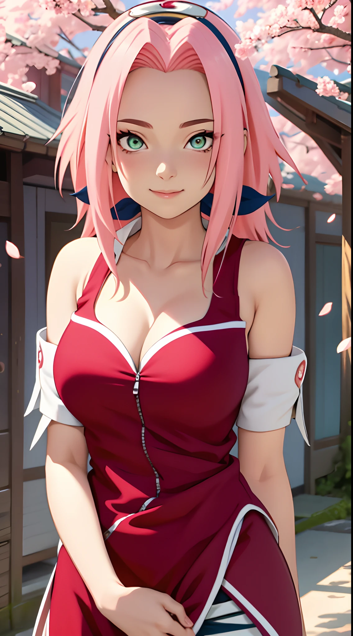 tmasterpiece， Best quality at best， 1girll， Sakura Haruno， Large breasts，Off-the-shoulder attire，（cleavage)，（upperbody closeup)，Raised sexy，is shy，ssmile，with pink hair， long whitr hair， （Green eyeballs:1.4)， Forehead protection， the cherry trees，Cherry blossoms flying，Red clothes，Zipper half