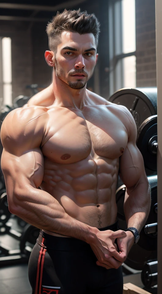 1 personne,A muscular young man,(HighDetailskin:1.2),SoftleLighting,tmasterpiece,beste-Qualit,8K UHD,ultra-high-resolution,detailed background,dslr camera,Hentail realism,illustration,filmgrain,Midjourney and the Art of Fujifilm XT3 Realist Painting by Greg Rutkowski,volumeric lighting,profondeur de champs,Corps entieresbienne,curved body, {{{Un seul homme}}},poils du visage,muscleur,The background is the gym