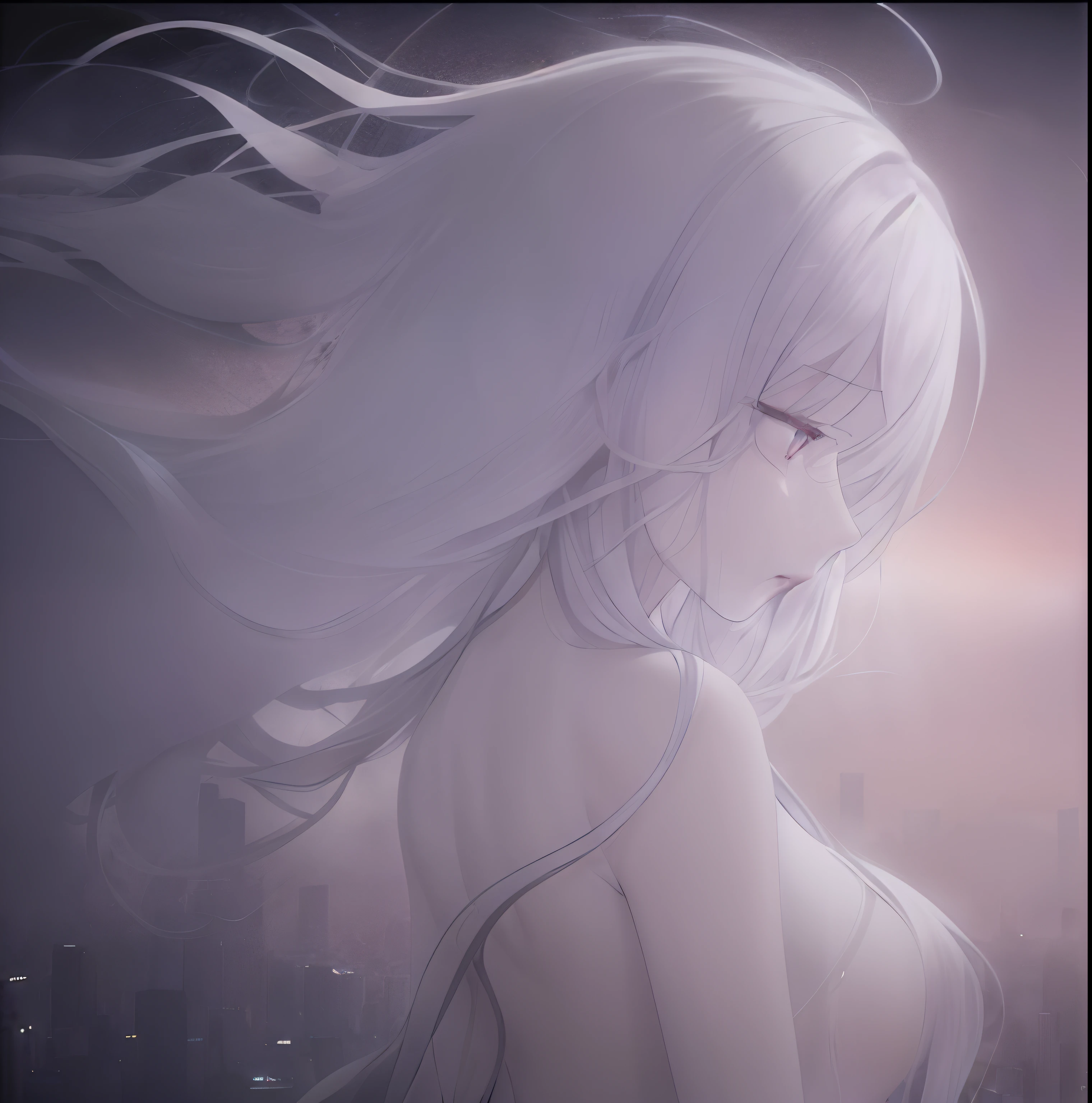 Anime girl with long white hair and city skyline in the background, Girl with white hair, white haired god, perfect gray hair girl, white  hair, white hair floating in air, white hair woman, flowing white hair, Smooth Anime CG Art, Rays of light through gray hair, nightcore, White-haired, with long white hair, One girl has white hair