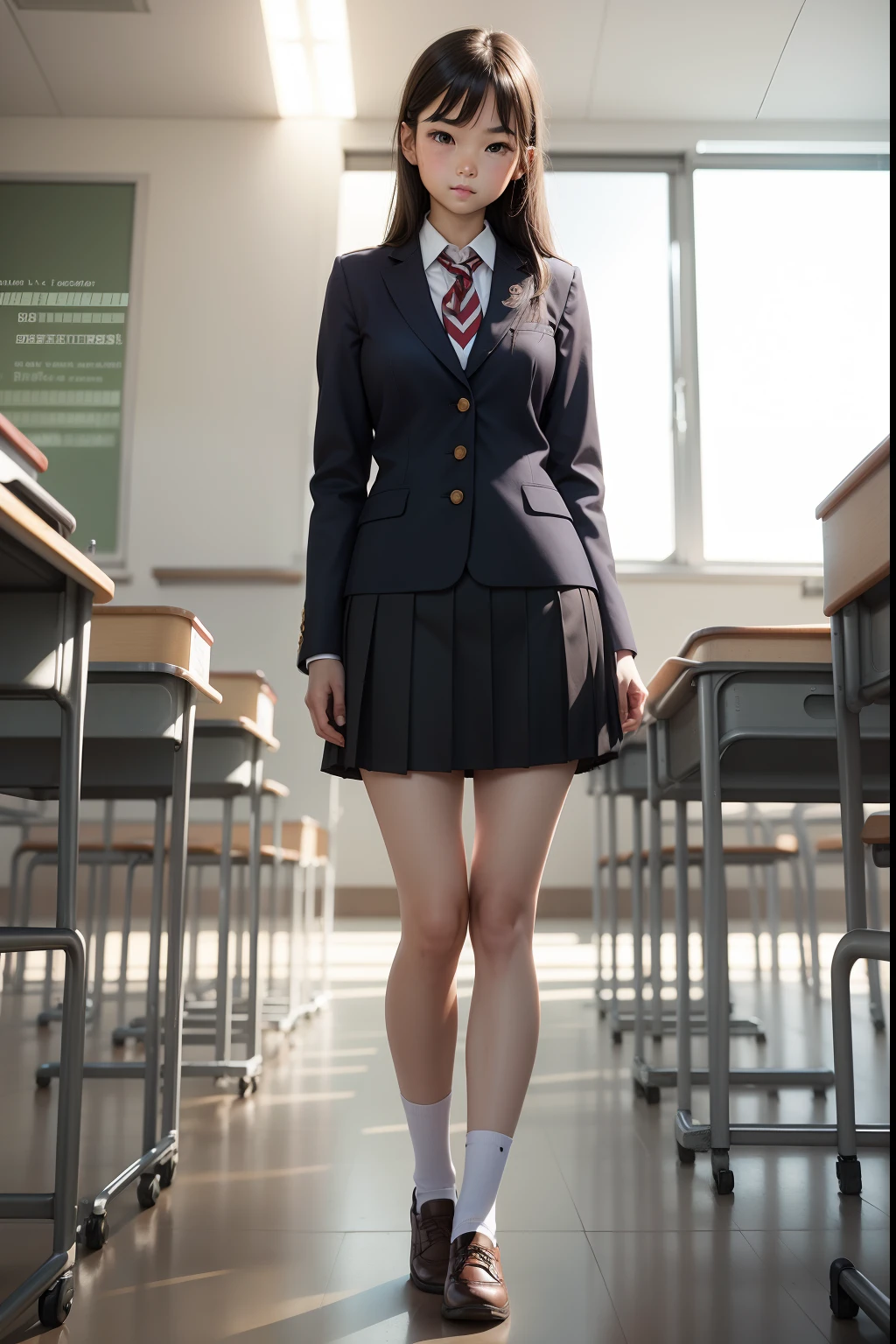 Standing in a thin-legged school uniform in a classroom