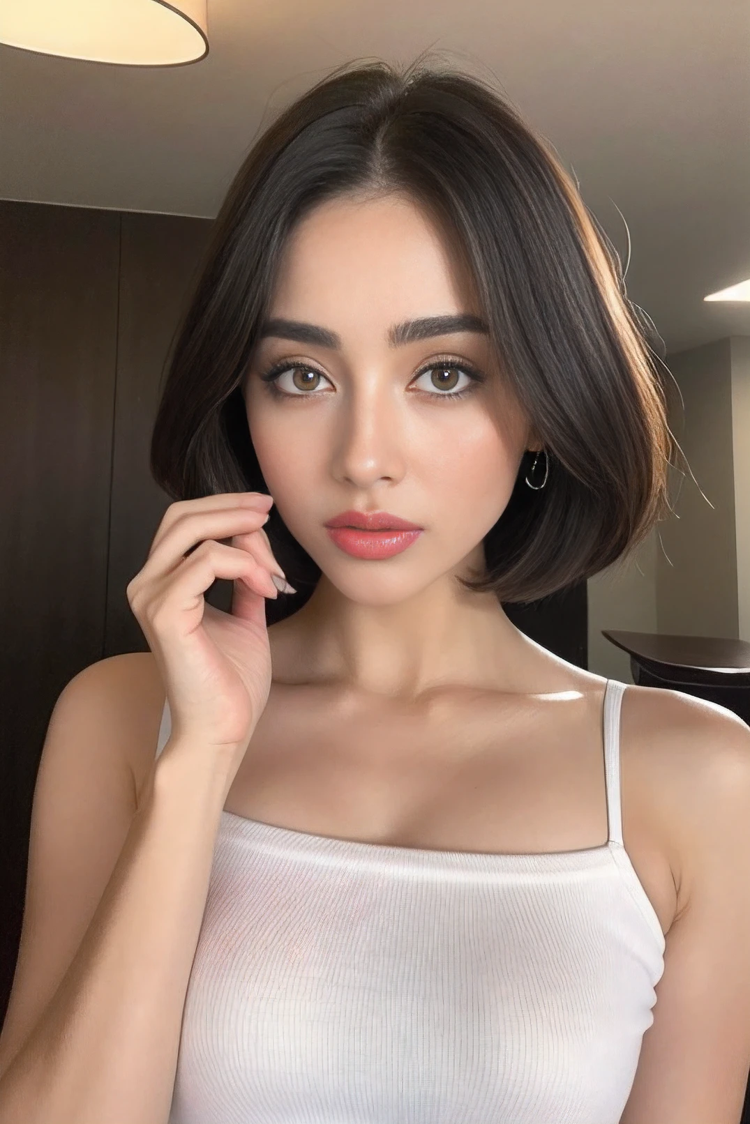 (Best quality, 8k, 32k, masterpiece, UHD: 1.2), photo of a beautiful American girl, lovely red lips, very short bob hair, upper body, facial focus, bikini, skull necklace, beach background, from above, looking at the viewer,