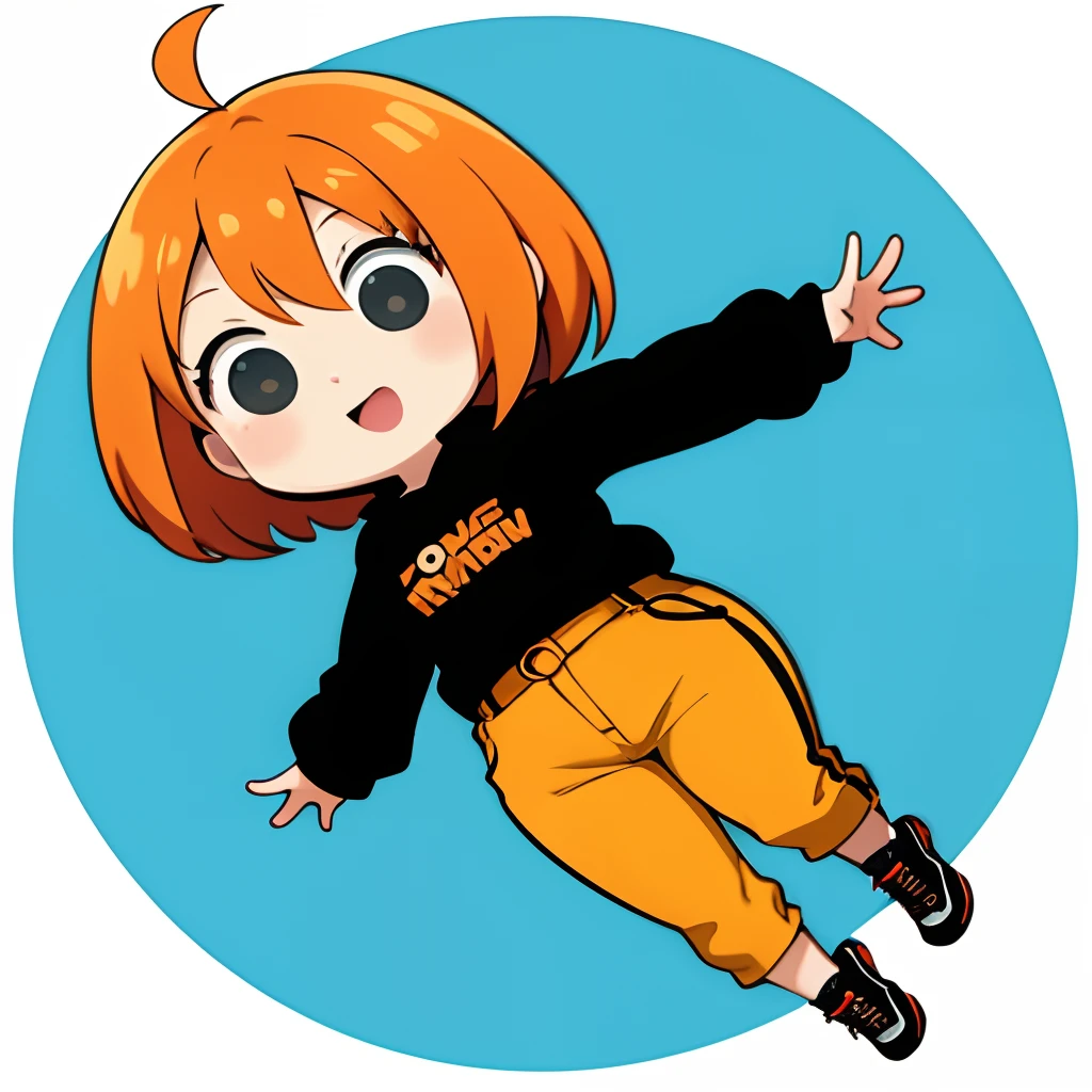 1 girl, Chibi, orange hair, full body, comic strip, white backgrounid, a sticker, Thick black outline