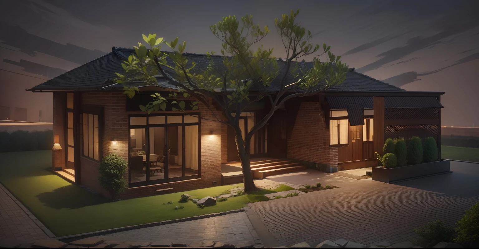 A house made of brick, beautiful stylish brick walls with stylization at the base of the corner and near the attic, black aluminum-rimmed glass doors with Japanese-style tiled roof, there is a leafy tree in front, surrounded by trees. Spacious garden with many trees and flowers, some decorative stones, and a rockery in the right corner. Summer scene, with bright sunlight in the morning. Image is clear and good quality