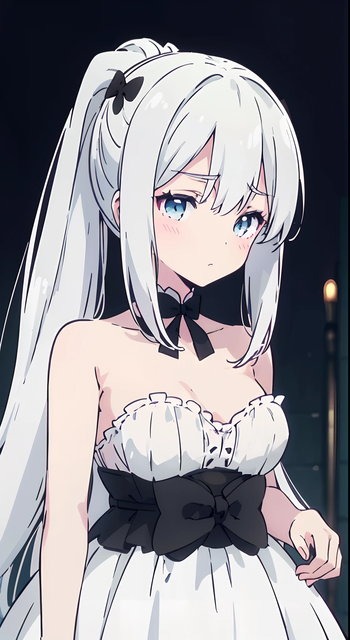 anime girl, lonely, white hair, black bow on ponytail, medium breast, wedding dress, white dress, is ashamed, is happy, peaceful day
((masterpiece:1.4, best quality)), (ultra-detailed), (ultra-detailed eyes), (ultra-detailed), (illustration), (image_distinct), (detail_intricate), (delicate illustration)