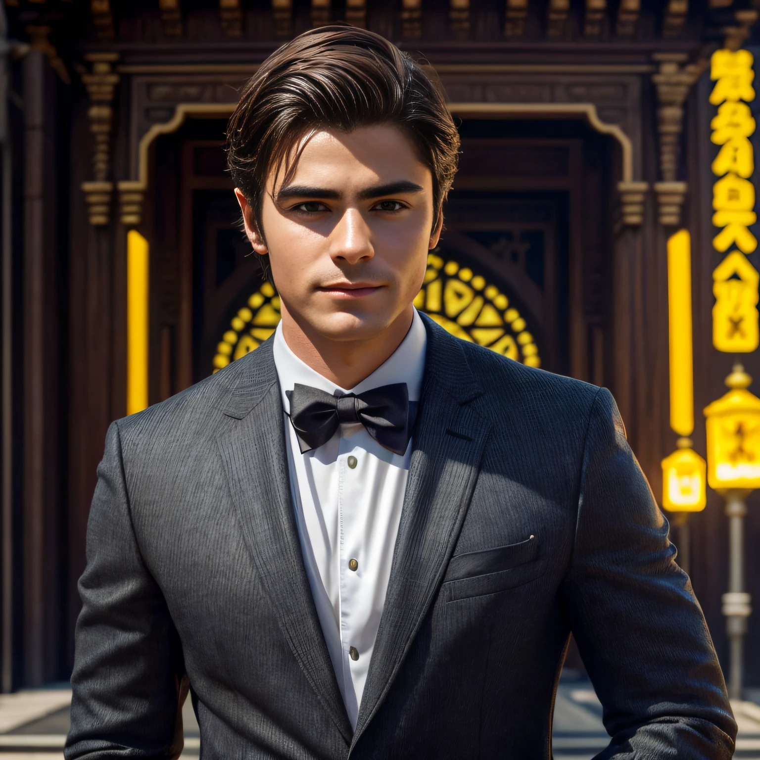 Portrait of A confident-looking Spanish man, 25 years old sitting in a cab, with blazer jacket, no watch, hazel eyes, smooth face, short hairstyle same as zac efron, cute smile, square jaw, dark hair, perfect composition, temple background, bokeh, hyper-realistic, super detailed, 8k, high quality, trending art, trending on artstation, sharp focus, temple photo, intricate details, highly detailed, art by greg rutkowski