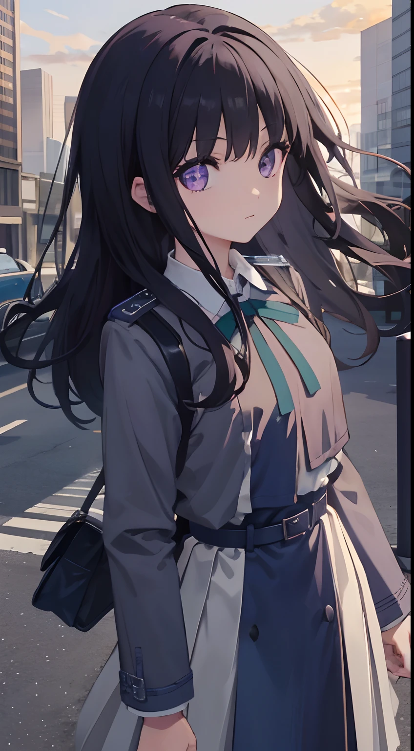 takinainoue, Inoue Takina, Long hair, bangs, Black hair, (Purple eyes:1.2), BREAK shirt, Long sleeves, dress, ribbon, school uniform, White shirt, Collared shirt, belt, Neck ribbon, Blue dress, Green Ribbon, Pleated dress, grey dress, Two-tone dresses, Blue belt, Lycoris Uniform, BREAK outdoors, City, Break (Masterpiece:1.2), Best quality, high resolution, Unity 8k wallpaper, (illustration:0.8), (Beautiful detailed eyes:1.6), Extremely detailed face, Perfect lighting, Extremely detailed CG, (Perfect hands, Perfect anatomy),