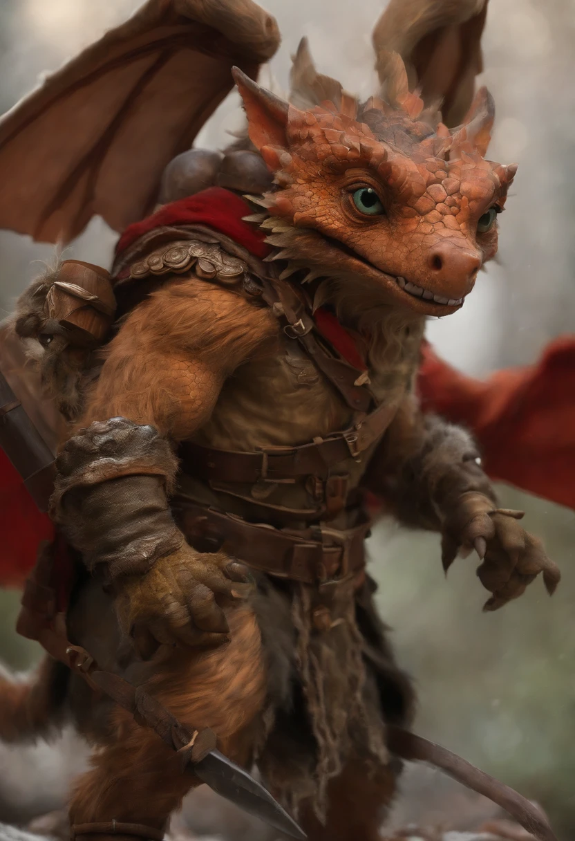 (((by Zackary911, by Kenket, by Kilinah))), solo male, bright orange skin, orange scales, (((Kobold)), (detailed kobold)) wearing a red cloak with a hood, green gem on the collar, bandaged thighs and bandaged chest, muscular toned, squirrel ears, kobold tail, messy hair, front view, looking at the observer with an embarrassed smile, blush, holding a dagger, perspective, finely detailed paws,