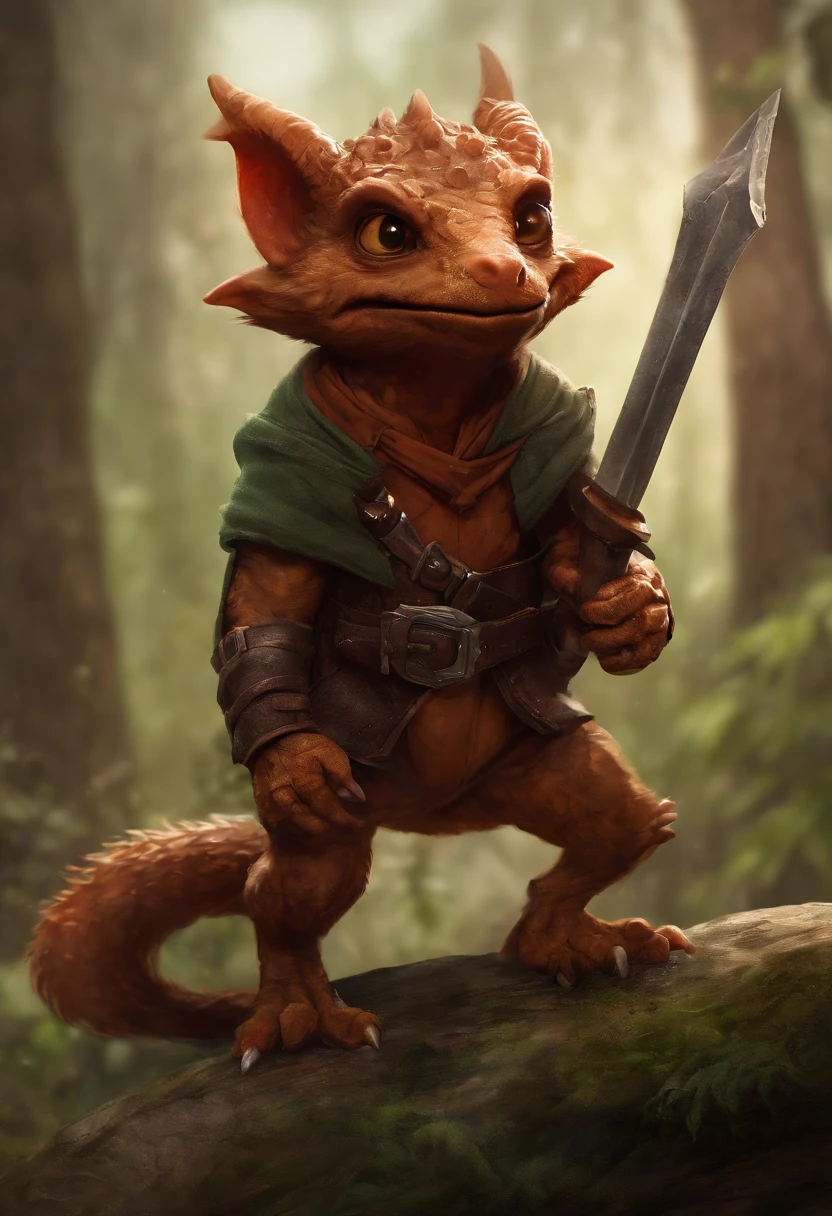 (((by Zackary911, by Kenket, by Kilinah))), solo male, bright orange skin, orange scales, (((Kobold)), (detailed kobold)) wearing a red cloak with a hood, green gem on the collar, bandaged thighs and bandaged chest, muscular toned, squirrel ears, kobold tail, messy hair, front view, looking at the observer with an embarrassed smile, blush, holding a dagger, perspective, finely detailed paws,