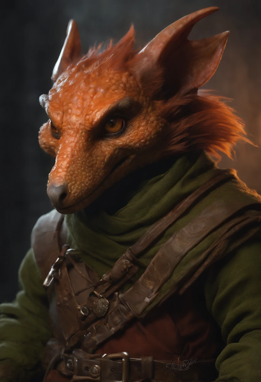 (((by Zackary911, by Kenket, by Kilinah))), solo male, bright orange skin, orange scales, (((Kobold)), (detailed kobold)) wearing a red cloak with a hood, green gem on the collar, bandaged thighs and bandaged chest, muscular toned, squirrel ears, kobold tail, messy hair, front view, looking at the observer with an embarrassed smile, blush, holding a dagger, perspective, finely detailed paws,