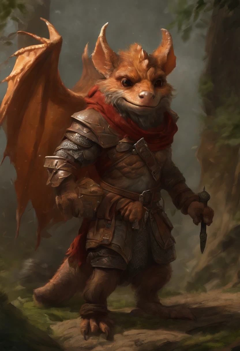 (((by Zackary911, by Kenket, by Kilinah))), solo male, bright orange skin, orange scales, (((Kobold)), (detailed kobold)) wearing a red cloak with a hood, green gem on the collar, bandaged thighs and bandaged chest, muscular toned, squirrel ears, kobold tail, messy hair, front view, looking at the observer with an embarrassed smile, blush, holding a dagger, perspective, finely detailed paws,