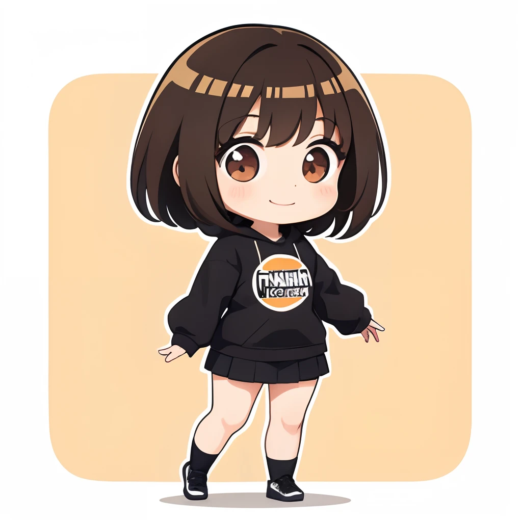 1 girl, Chibi, smile, brown hair, full body, comic strip, white backgrounid, a sticker, Thick black outline