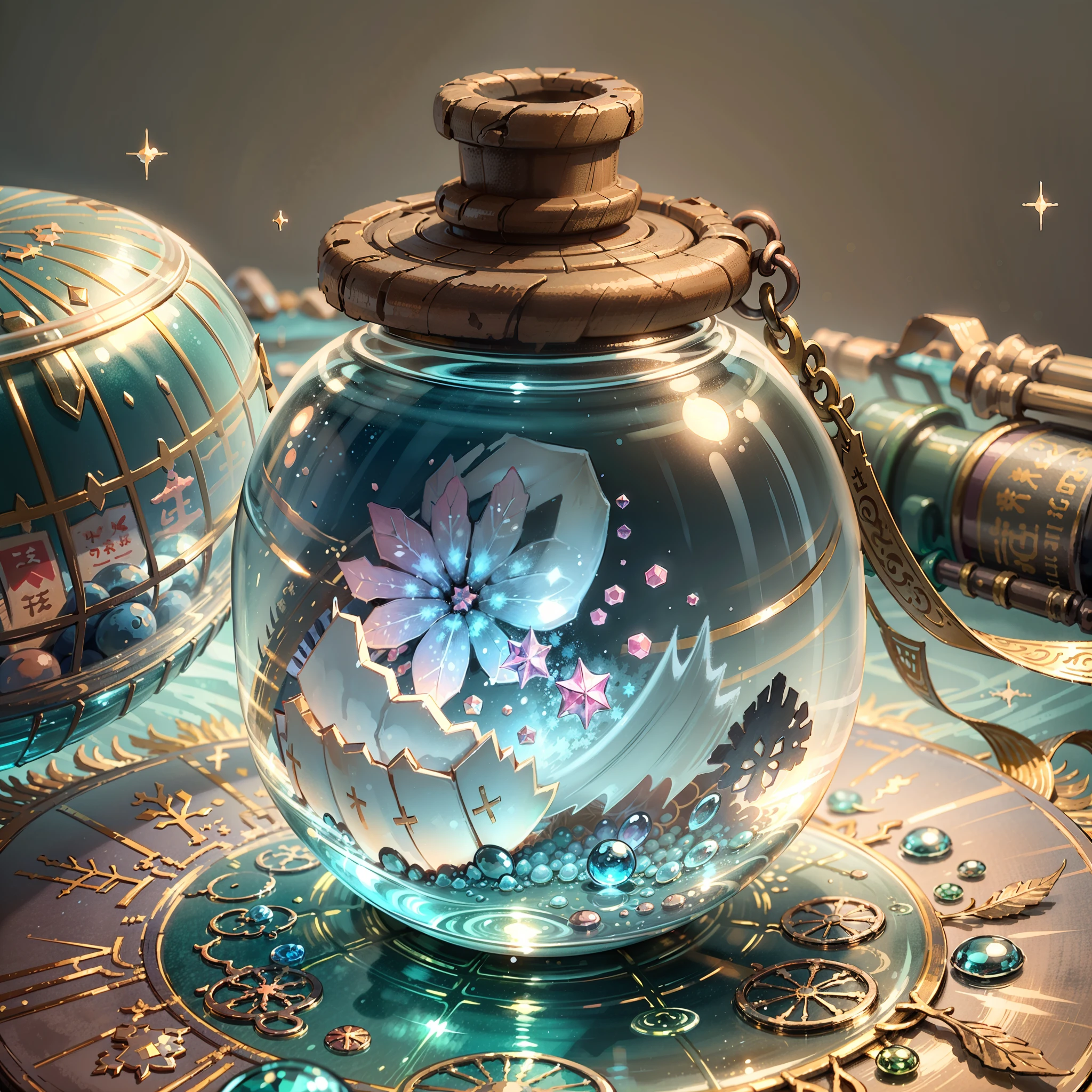 fuwafuwa, illustration, round vial, snowflake in small bottle, dynamism, crystal, water, no_girl, no_boy, colorful, cute, fantasy, pastel tone, world like in a picture book, soft touch --auto --s2