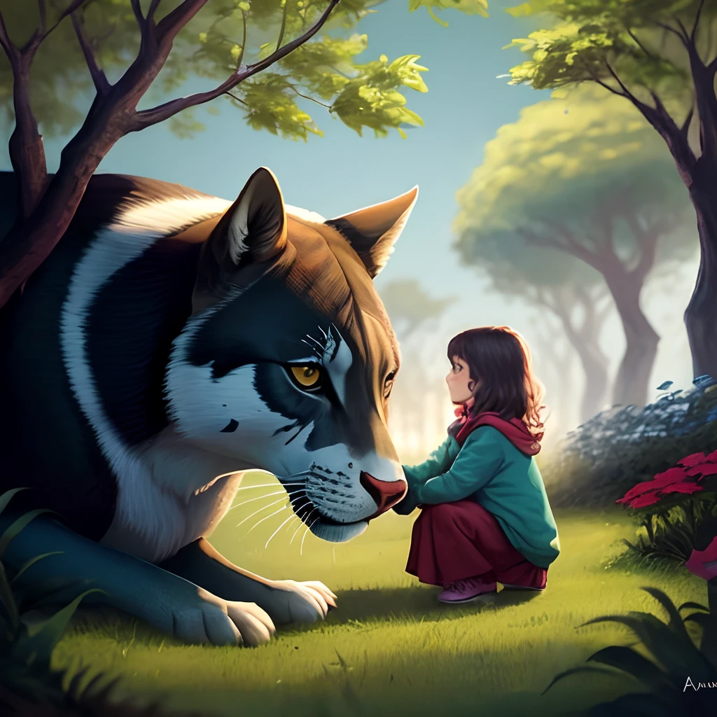 Um menino e uma menina no jardim dos sonhos perdido.
Flores e arvores grandes
E animais magicos