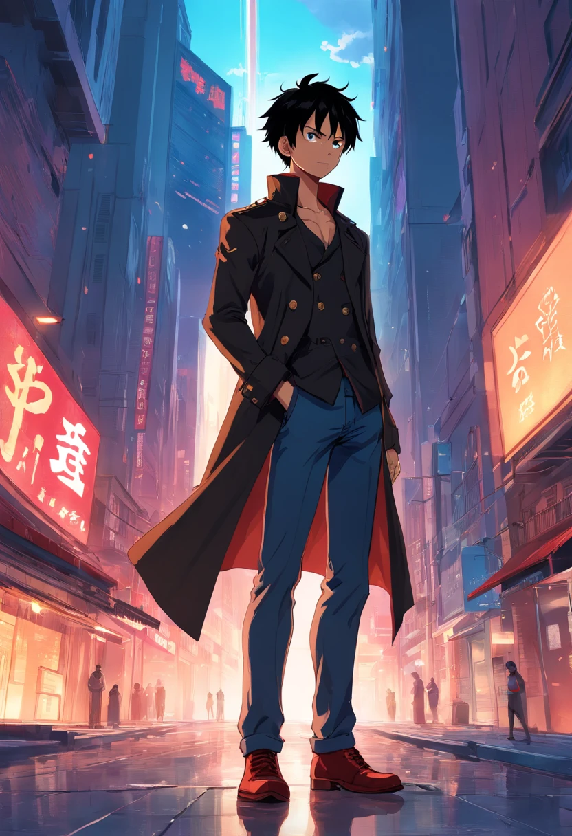 , Luffy , one piece, male people，a black trench coat，with short black hair，Crimson eyes，hands crossed，Stand on a tall building，Behind him stood the soul in full armor , flashy drak background, aura , crasima