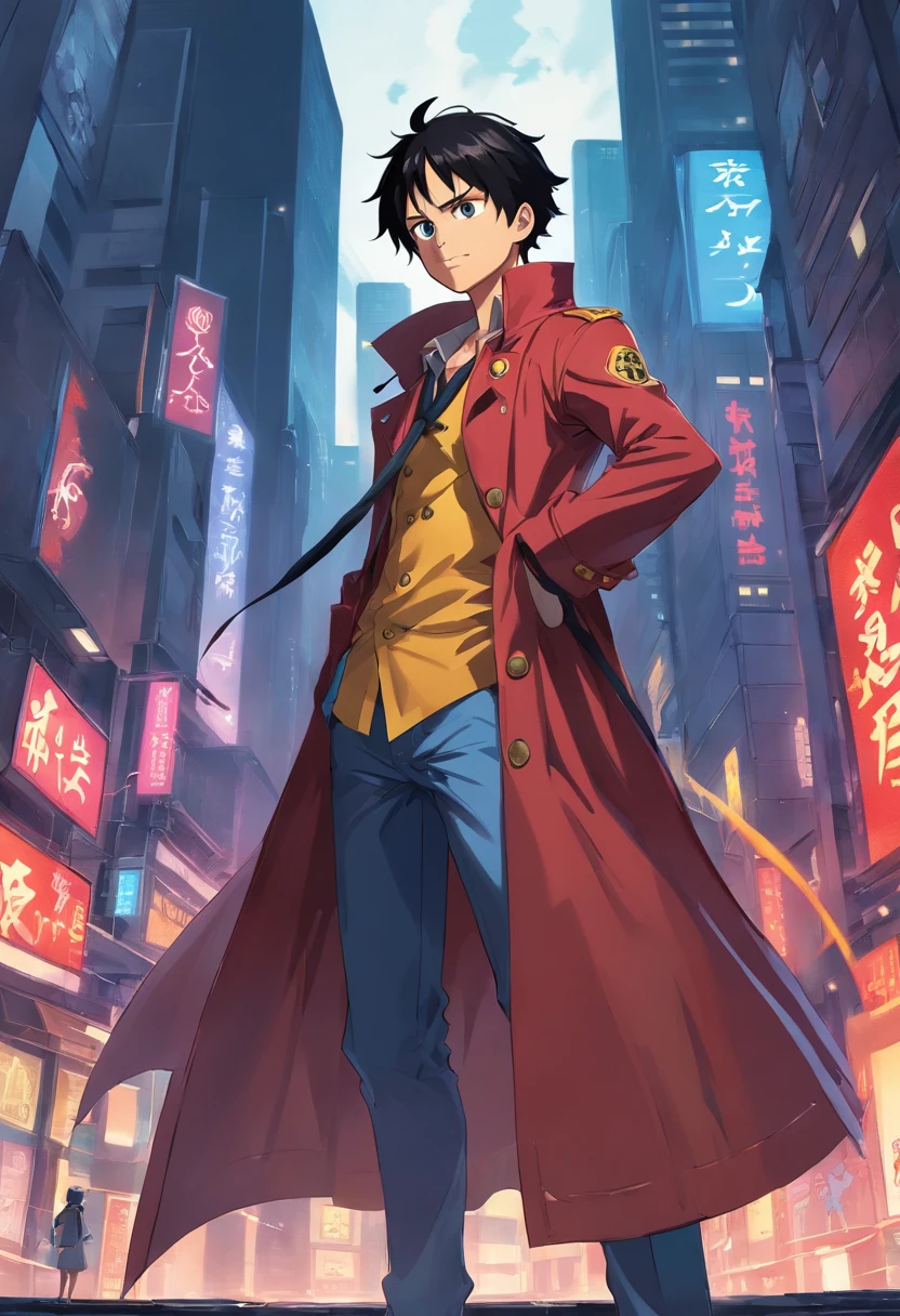 , Luffy , one piece, male people,a black trench coat,with short black hair,Crimson eyes,hands crossed,Stand on a tall building,Behind him stood the soul in full armor , flashy drak background, aura , crasima