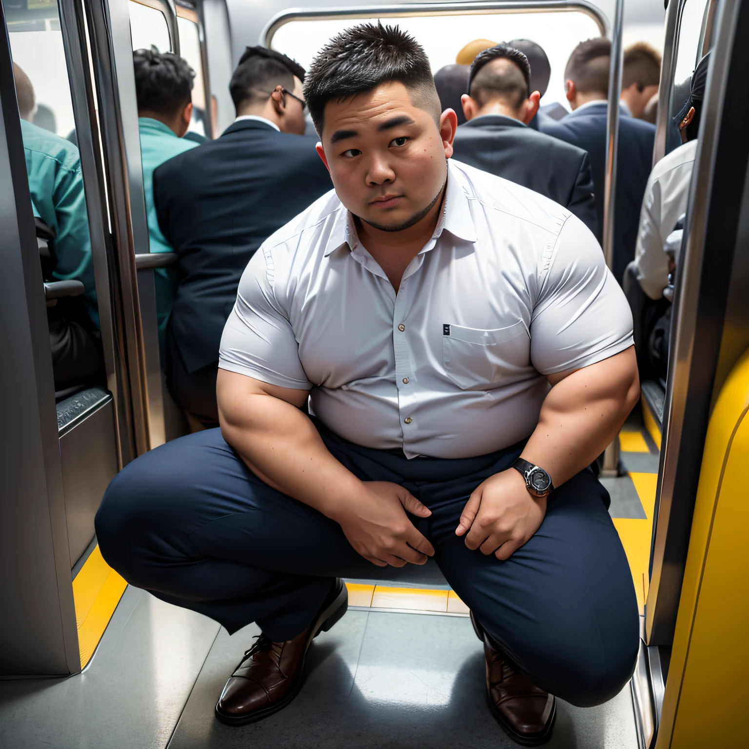 (Ultra-realistic), (hight resolution)、(8K)、 (high sharpness)、((Japan faces of all、Chubby man in his teens to 40s、drooping eyes、kawaii faces、Round fat face))、((You can see the whole face、Trousers with a tight silhouette、He crotch is raised、Small male genitalia from the crotch))、Detailed depiction of the crotch、Business suits、Chinos、Teens to 40s、 businessman、politician、Unsupervised、eye glass、 stout physique、Civil engineering workers、Construction site worker、athlete、Otaku、Truck Driver、homeless、Short, trimmed hair、messy hair style、rough hairstyle、Shaved head, Inside a crowded subway car、Bring your body together、(Shot with Canon EOS R5、High dynamic range)、((extremely detailed legs, extremely detailed arms, Extremely detailed face, Perfect Detailed Eyes, perfectly detailed anatomy))