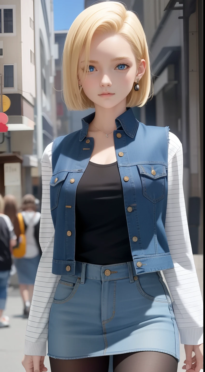 Hyper detailed image, UHD, 16k, professional photo, (Realistic photo of Android-18 from Dragon Ball Z) girl Goddess of beauty, very straight short blonde hair, serious face expression, (she wears a blue denim jacket and a cropped shirt , short white underground showing flesh of the breast), erotic, open denim jacket showing her large, beautiful and perfect breasts, long pointed breasts sticking out of the jacket, (she wears a belt and a blue denim skirt lifted showing micro panties stuck in her pussy), hair bubians showing, brown boots, perfect hands and fingers,
android 18, sexy saiyan girl, Official Art, Android-18 Sexy female, official character art, sexy female protagonist, lean and fit curved body :8, Akiri Toriyama, Director: Akira Toriyama, Bulma from Dragon Ball, Best Character Design Anime, Akira Toriyama style, beautiful single character, half naked, pornografia