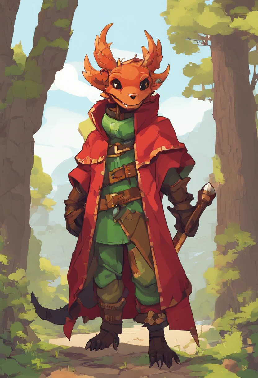 (((by Zackary911, by Kenket, by Kilinah))), solo male, bright orange skin, orange scales, (((Kobold)), (detailed kobold)) wearing a red cloak with a hood, green gem on the collar, bandaged thighs and bandaged chest, muscular toned, squirrel ears, kobold tail, messy hair, front view, looking at the observer with an embarrassed smile, blush, holding a dagger, perspective, finely detailed paws,