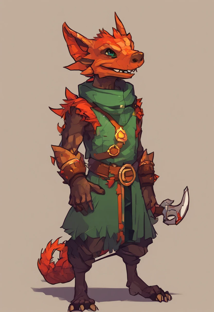 (((by Zackary911, by Kenket, by Kilinah))), solo male, bright orange skin, orange scales, (((Kobold)), (detailed kobold)) wearing a red cloak with a hood, green gem on the collar, bandaged thighs and bandaged chest, muscular toned, squirrel ears, kobold tail, messy hair, front view, looking at the observer with an embarrassed smile, blush, holding a dagger, perspective, finely detailed paws,