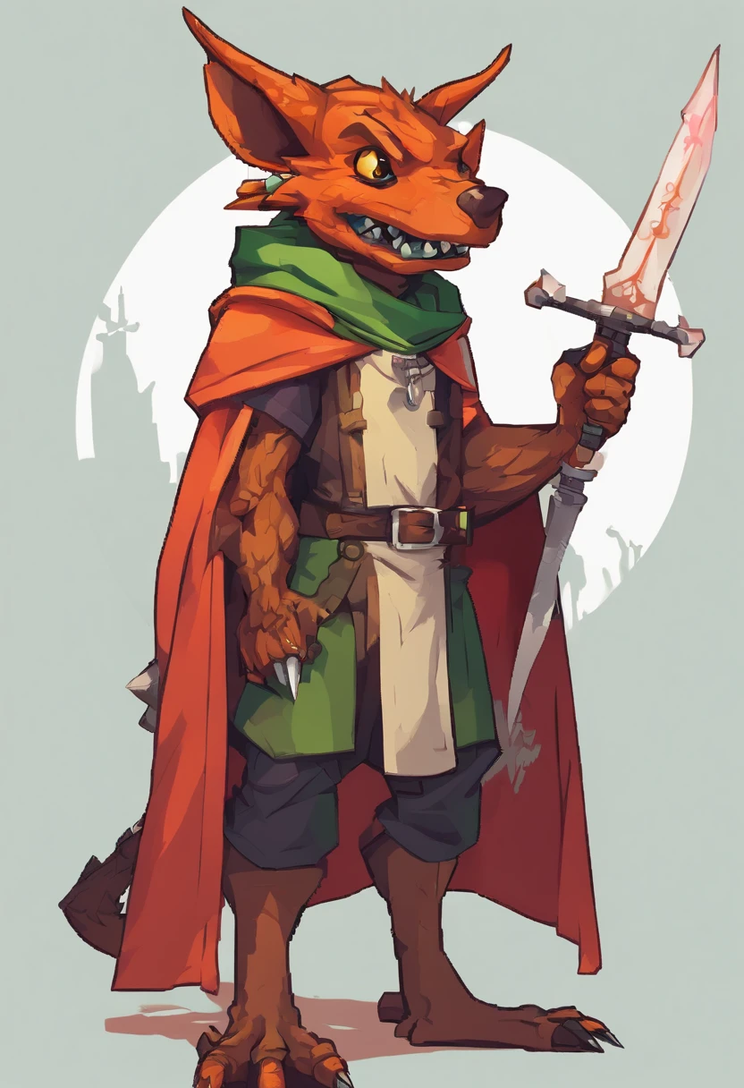 (((by Zackary911, by Kenket, by Kilinah))), solo male, bright orange skin, orange scales, (((Kobold)), (detailed kobold)) wearing a red cloak with a hood, green gem on the collar, bandaged thighs and bandaged chest, muscular toned, squirrel ears, kobold tail, messy hair, front view, looking at the observer with an embarrassed smile, blush, holding a dagger, perspective, finely detailed paws,