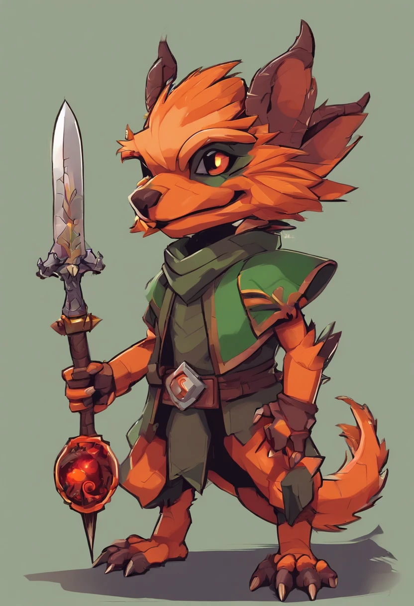(((by Zackary911, by Kenket, by Kilinah))), solo male, bright orange skin, orange scales, (((Kobold)), (detailed kobold)) wearing a red cloak with a hood, green gem on the collar, bandaged thighs and bandaged chest, muscular toned, squirrel ears, kobold tail, messy hair, front view, looking at the observer with an embarrassed smile, blush, holding a dagger, perspective, finely detailed paws,