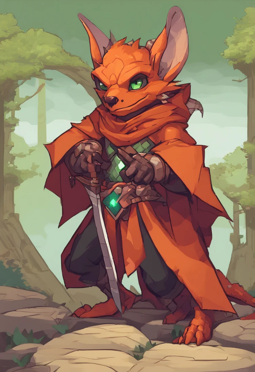 (((by Zackary911, by Kenket, by Kilinah))), solo male, bright orange skin, orange scales, (((Kobold)), (detailed kobold)) wearing a red cloak with a hood, green gem on the collar, bandaged thighs and bandaged chest, muscular toned, squirrel ears, kobold tail, messy hair, front view, looking at the observer with an embarrassed smile, blush, holding a dagger, perspective, finely detailed paws,