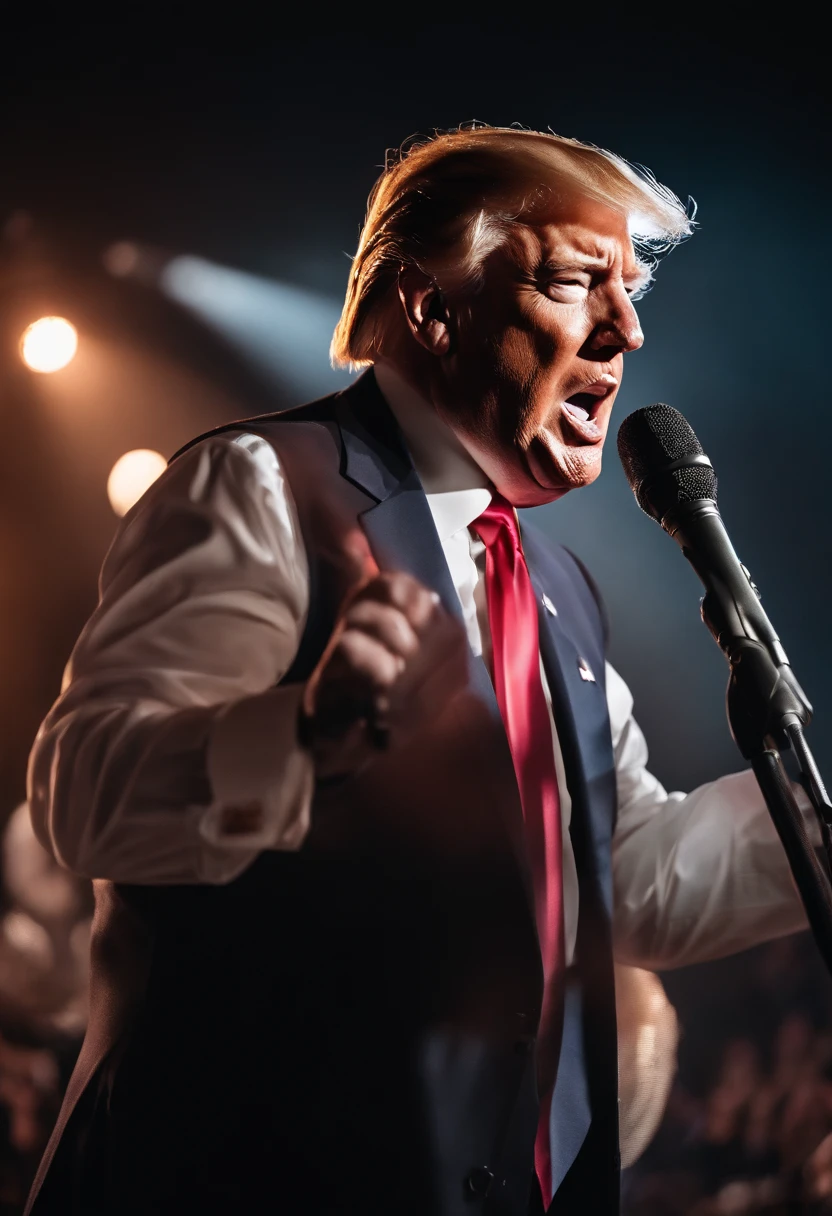 donald trump, singer, muscular, tight sleeveless 3 piece suit, phot realistic, 8k resolution, highly detailed, masterpiece handling a microphone while singing